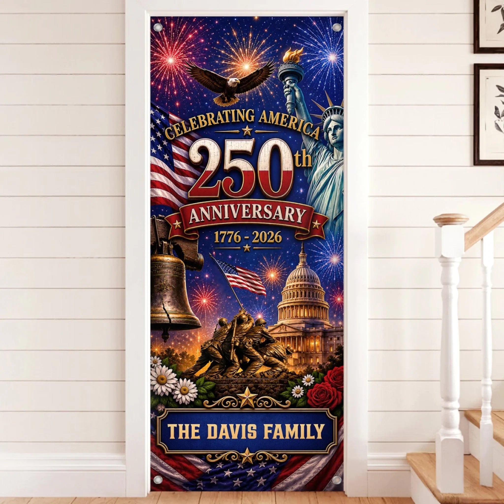 Custom Door Cover - Personalized America 250th Anniversary Gifts For Mom, Dad, Brother, Sister, Kids  - Welcome To The USA Era