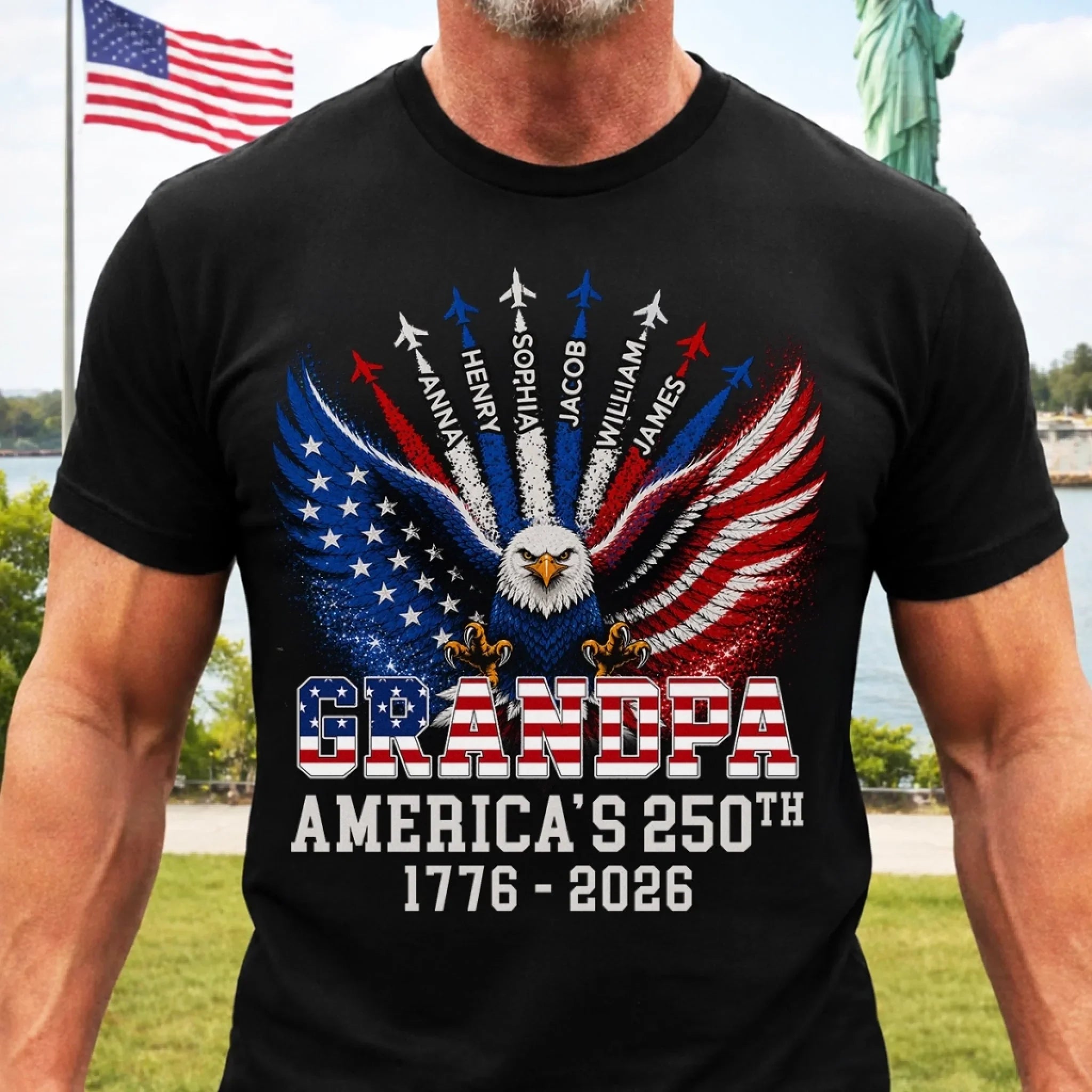 Custom Unisex T-shirt, Premium T-shirt, Hoodie – Personalized America 250th Anniversary Gifts For Dad, Grandpa – Generations Of Freedom
