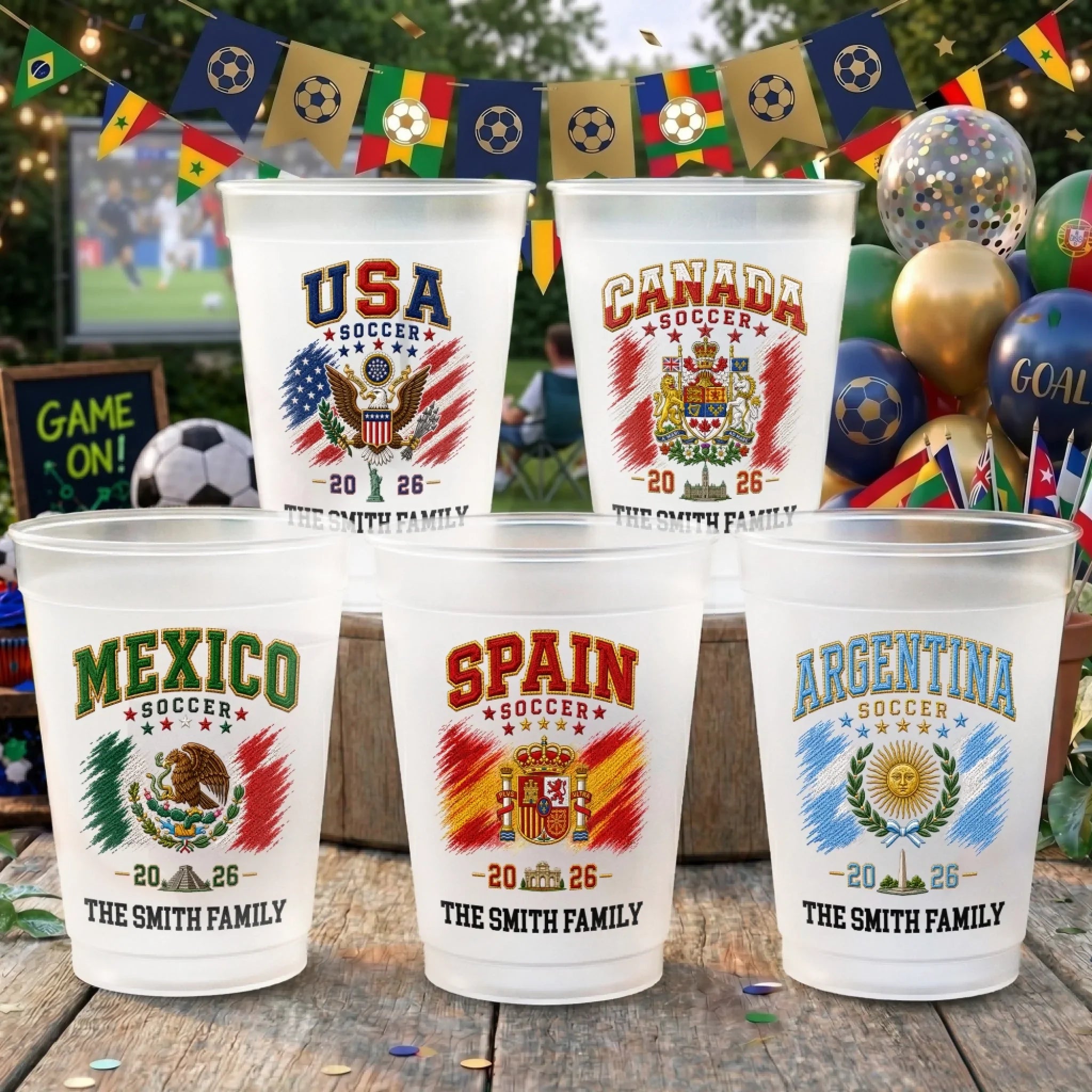 Custom International Soccer Tournament Party Cups - Personalized Birthday Gifts For Soccer Lovers, Sports Fans, Sports Lovers - Splashed With True Team Colors