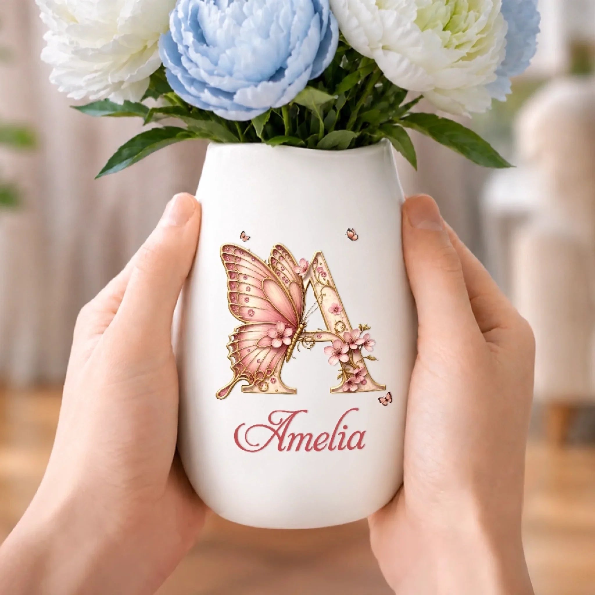 Custom Oval Ceramic Flower Vase - Personalized  Best Friend Birthday Gifts For Women, Besties, Sisters, BFF - Butterflies Bloom Beautifully Daily