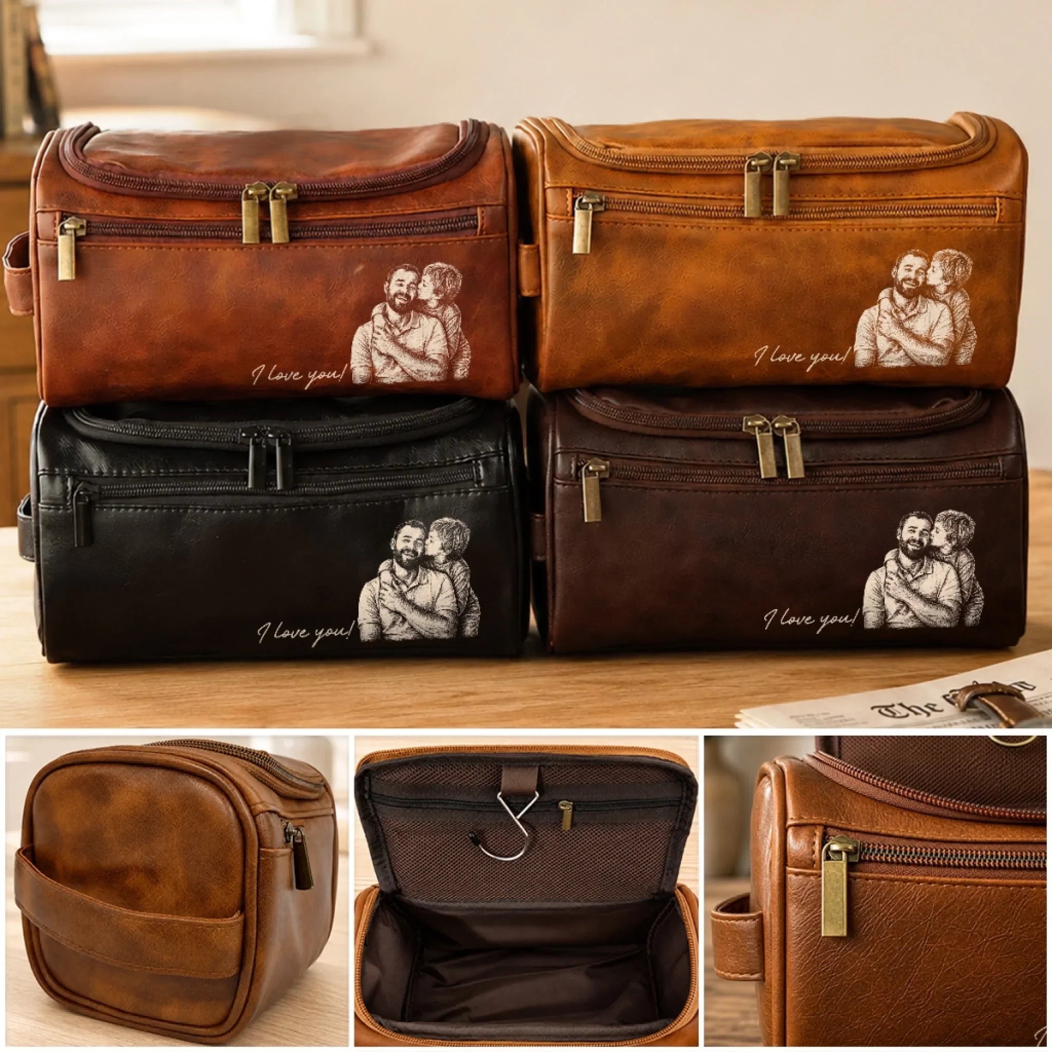 Custom Photo Leather Toiletry Bag - Personalized Father's Day Birthday Gifts For Dad, Grandpa - Dad Makes Every Day Better