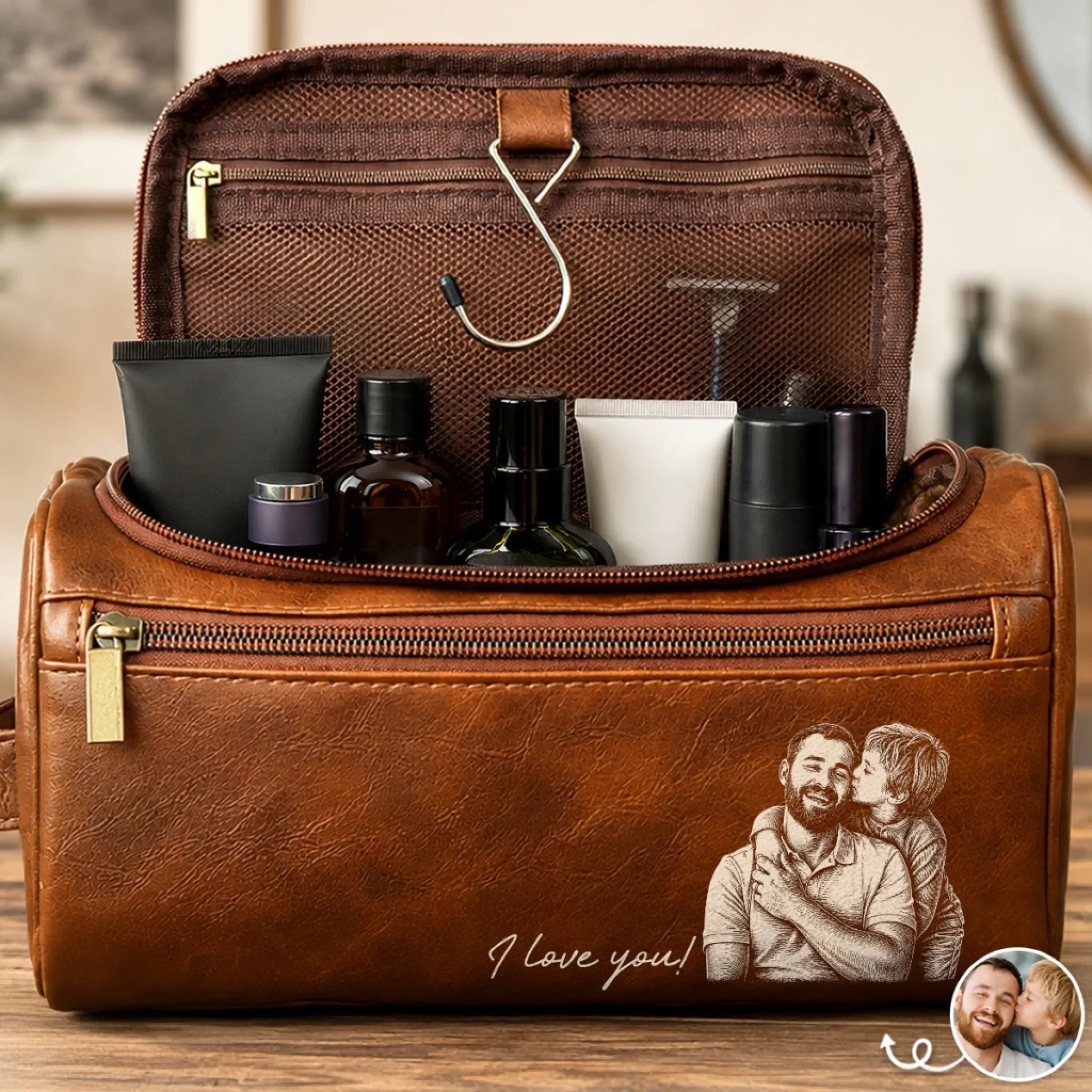 Custom Photo Leather Toiletry Bag - Personalized Father's Day Birthday Gifts For Dad, Grandpa - Dad Makes Every Day Better