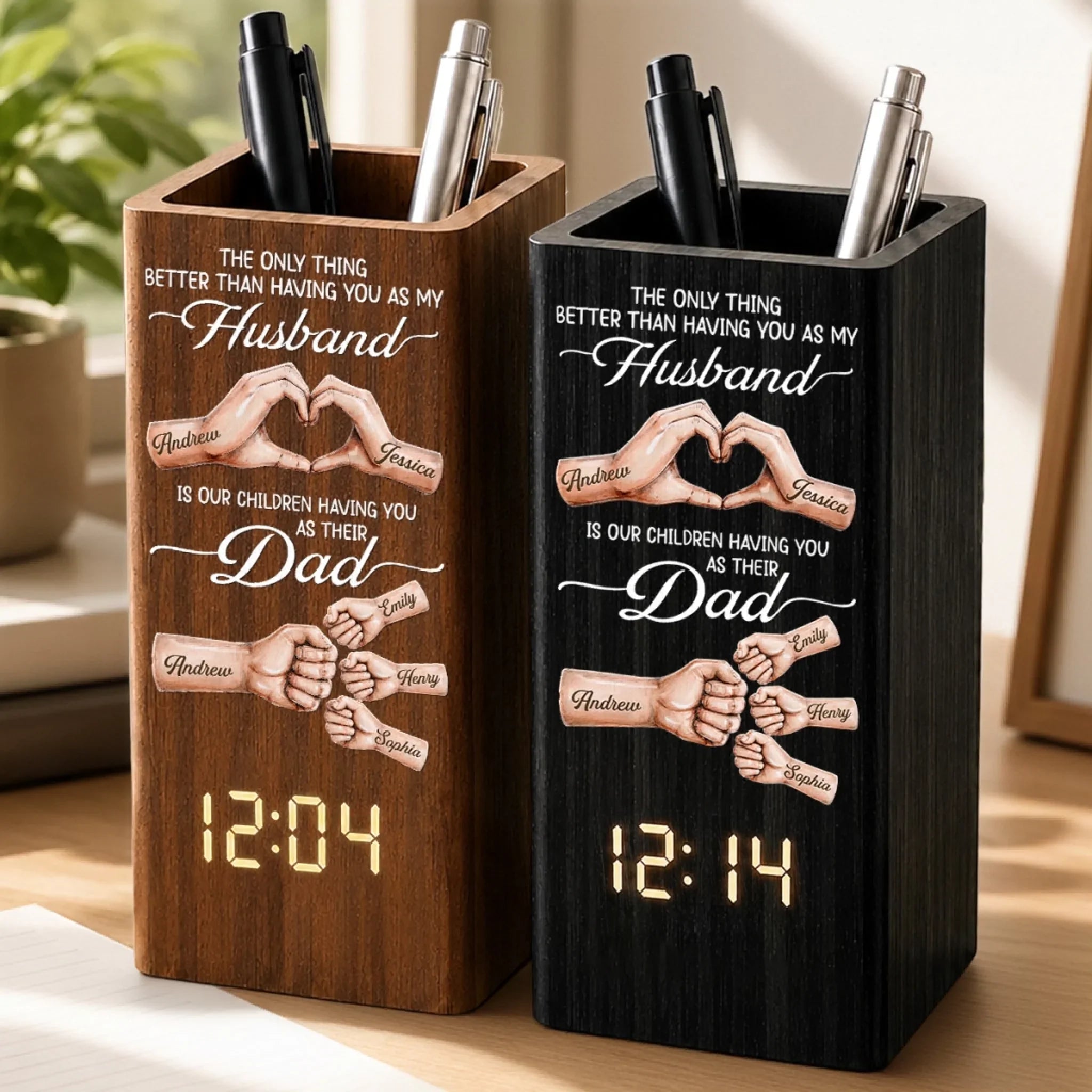Custom Pen Holder With Clock - Personalized Father's Day Birthday Gifts For Dad, Grandpa, Husband - Forever Thankful For Your Love