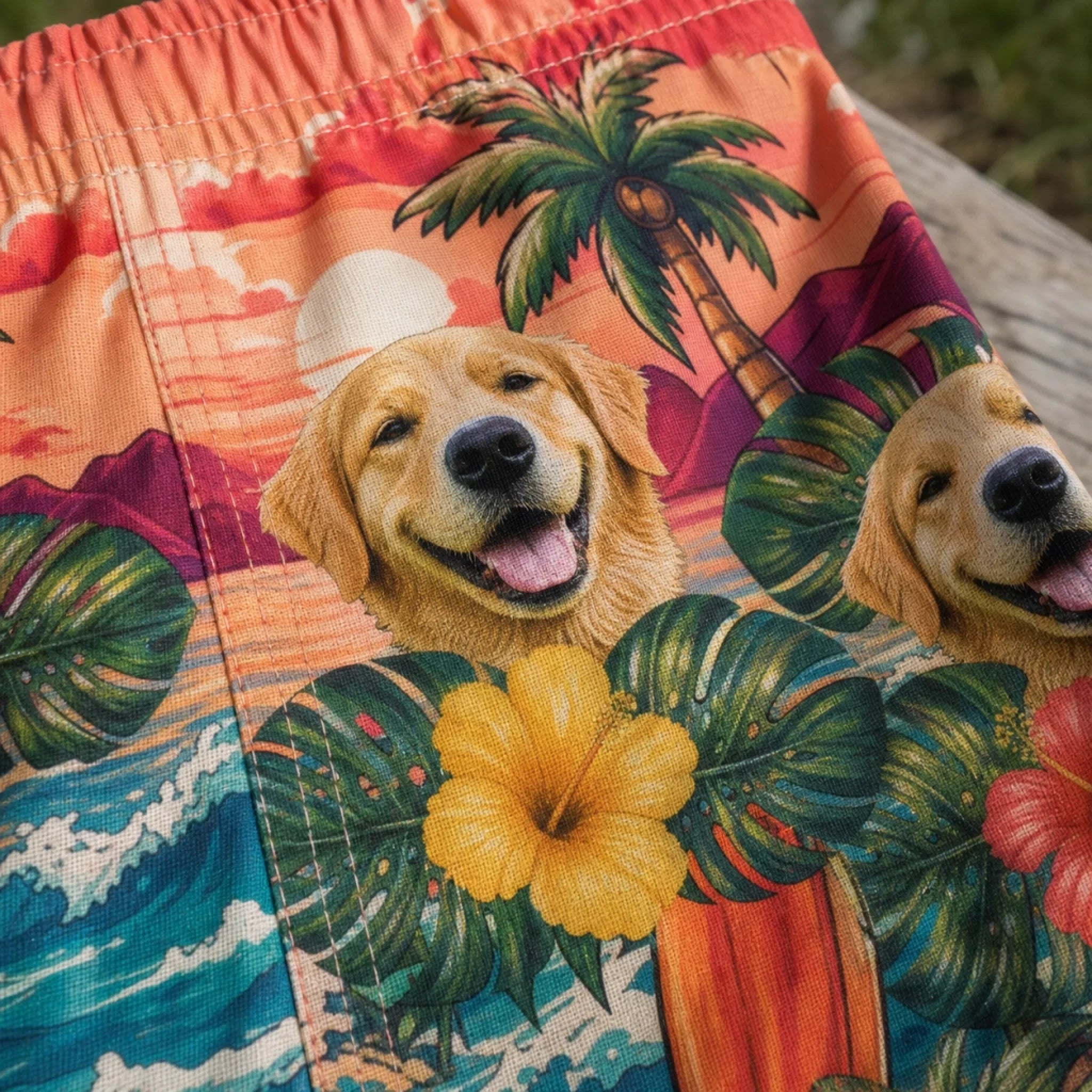Custom Photo Funny Caricature Tropical Hawaiian Aloha Men Beach Shorts - Personalized Summer Vacation And Travel Gifts For Dog Cat Lovers, Dog Dad And Mom, Cat Owners - Palm Trees And Puppy Breeze