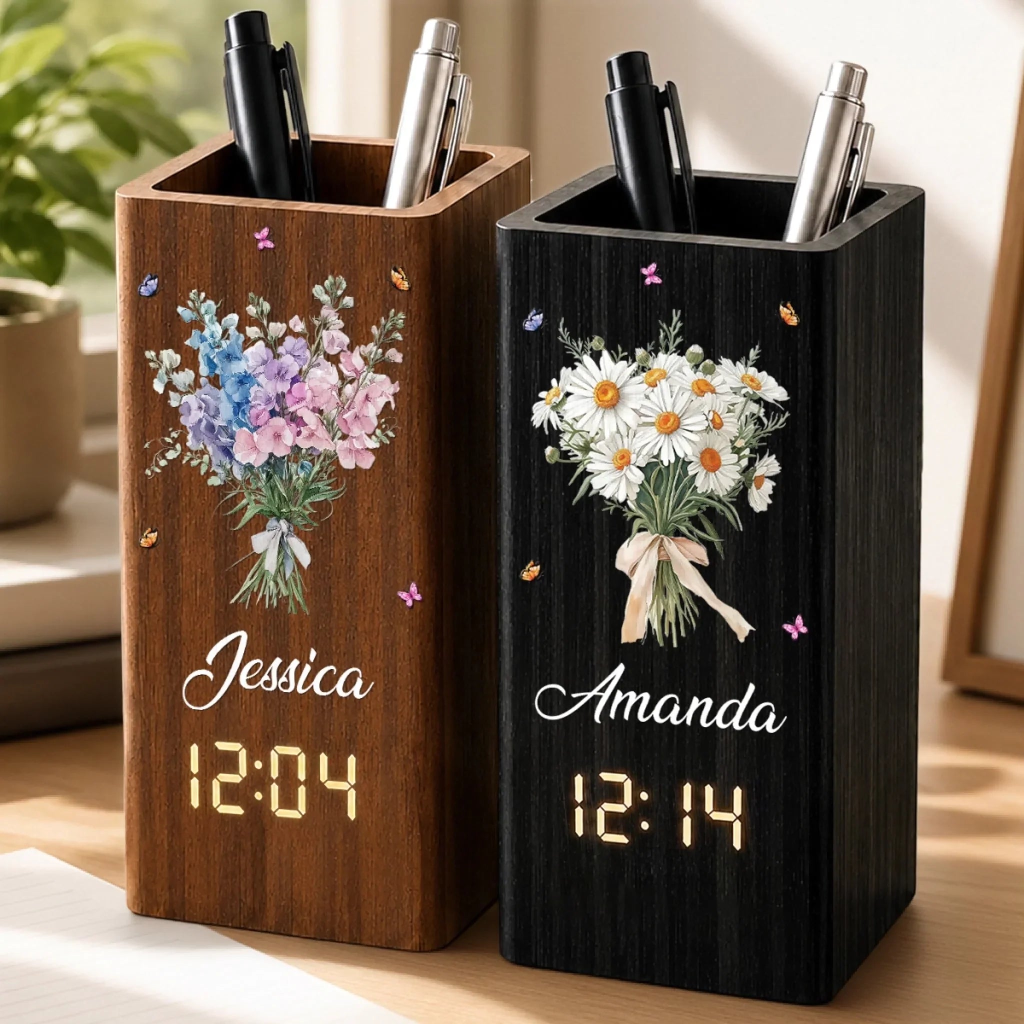 Custom Pen Holder With Clock - Personalized Best Friend Birthday Gifts For Women, Besties, Sisters, BFF - Growing Happiness Day By Day
