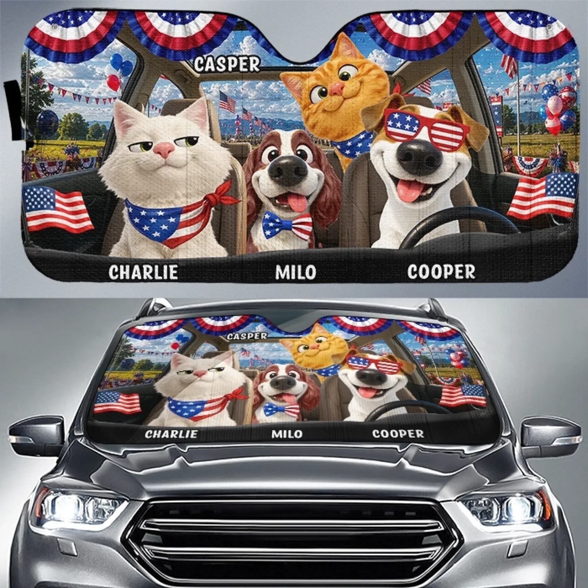 Custom Auto Windshield Sunshade, Car Window Protector - Personalized 4th Of July Gifts For Dog Cat Lovers, Dog Dad And Mom, Cat Owners - Stars, Stripes & Paw Prints