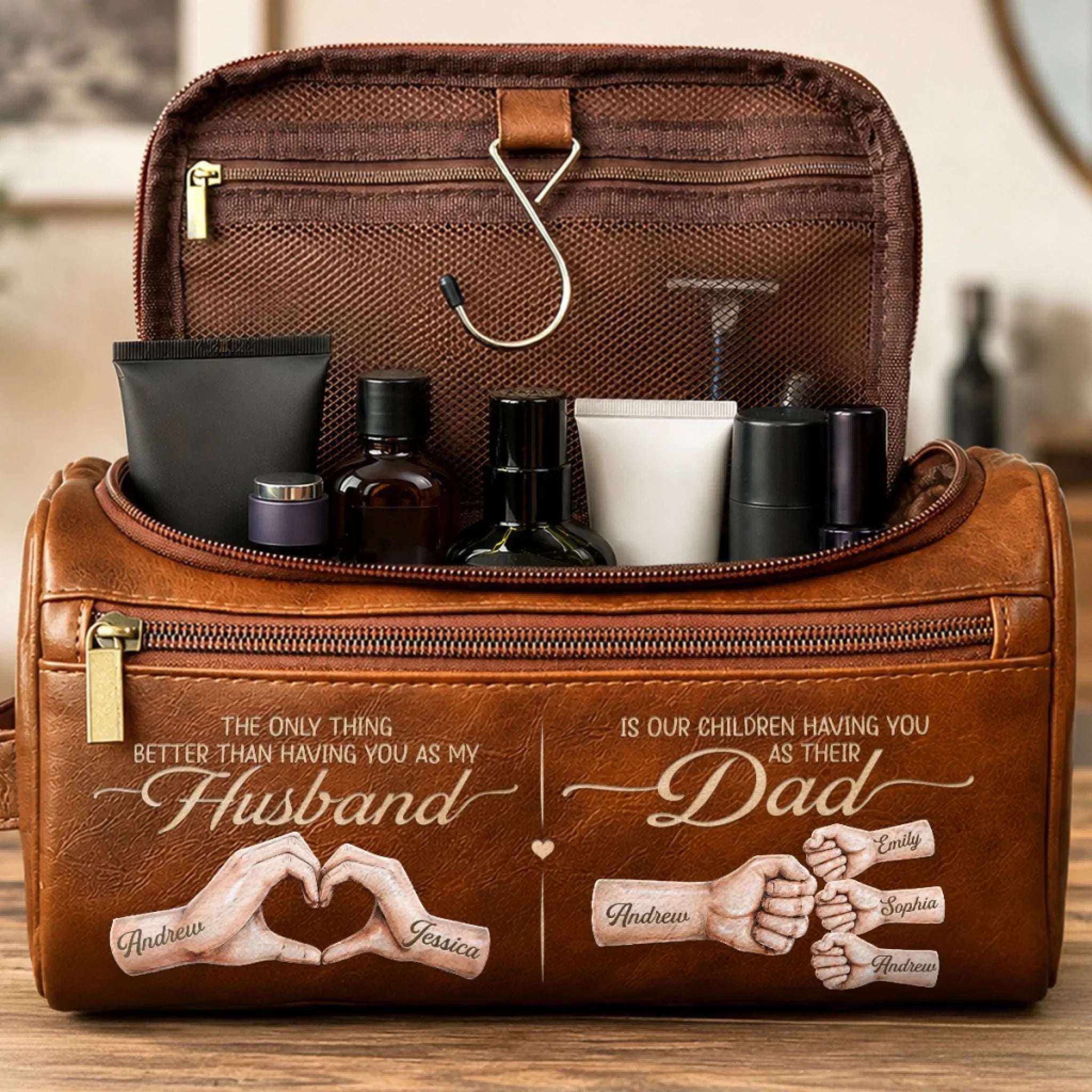 Custom Leather Toiletry Bag - Personalized Father's Day Birthday Gifts For Dad, Grandpa, Husband - Dad Makes Every Moment Better