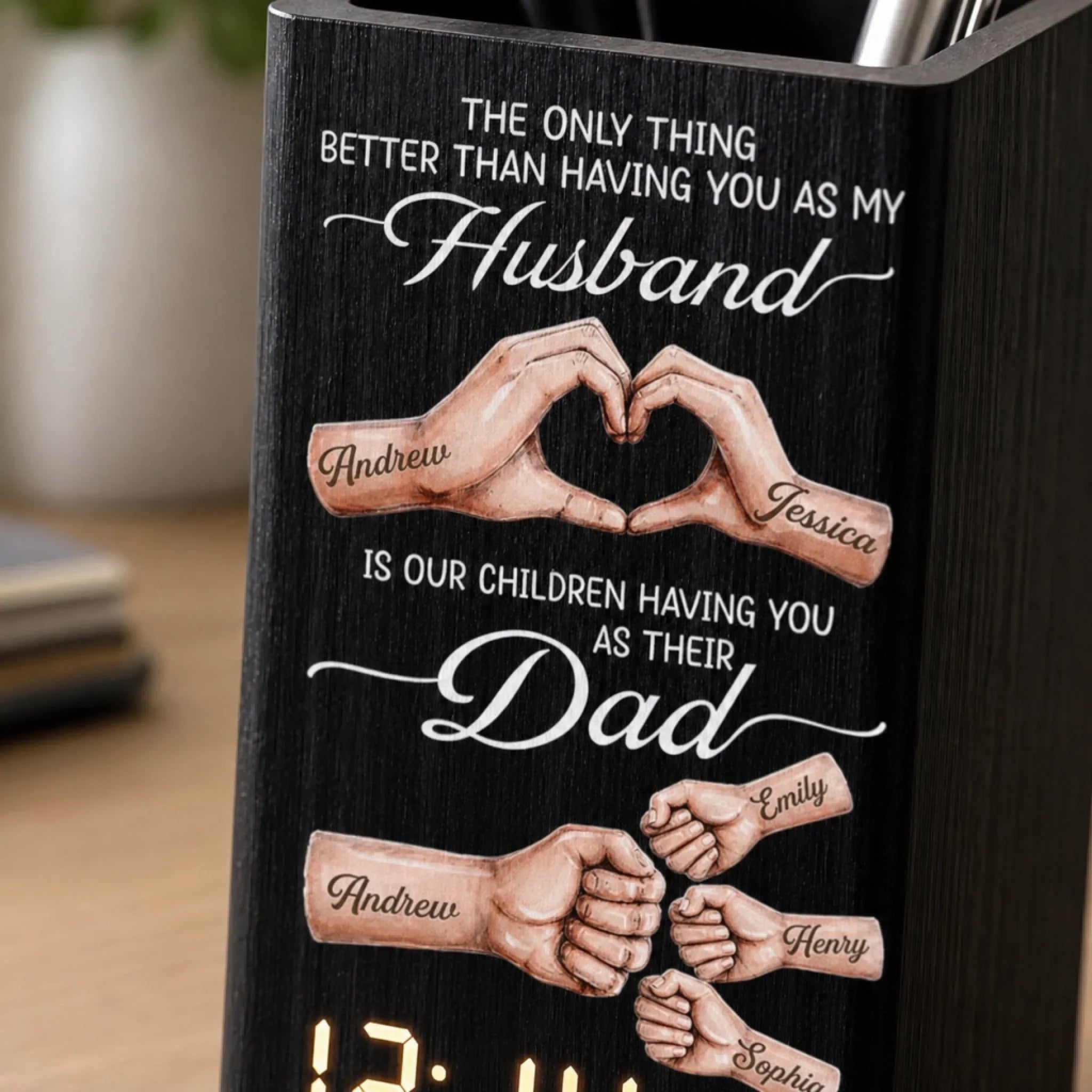 Custom Pen Holder With Clock - Personalized Father's Day Birthday Gifts For Dad, Grandpa, Husband - Forever Thankful For Your Love