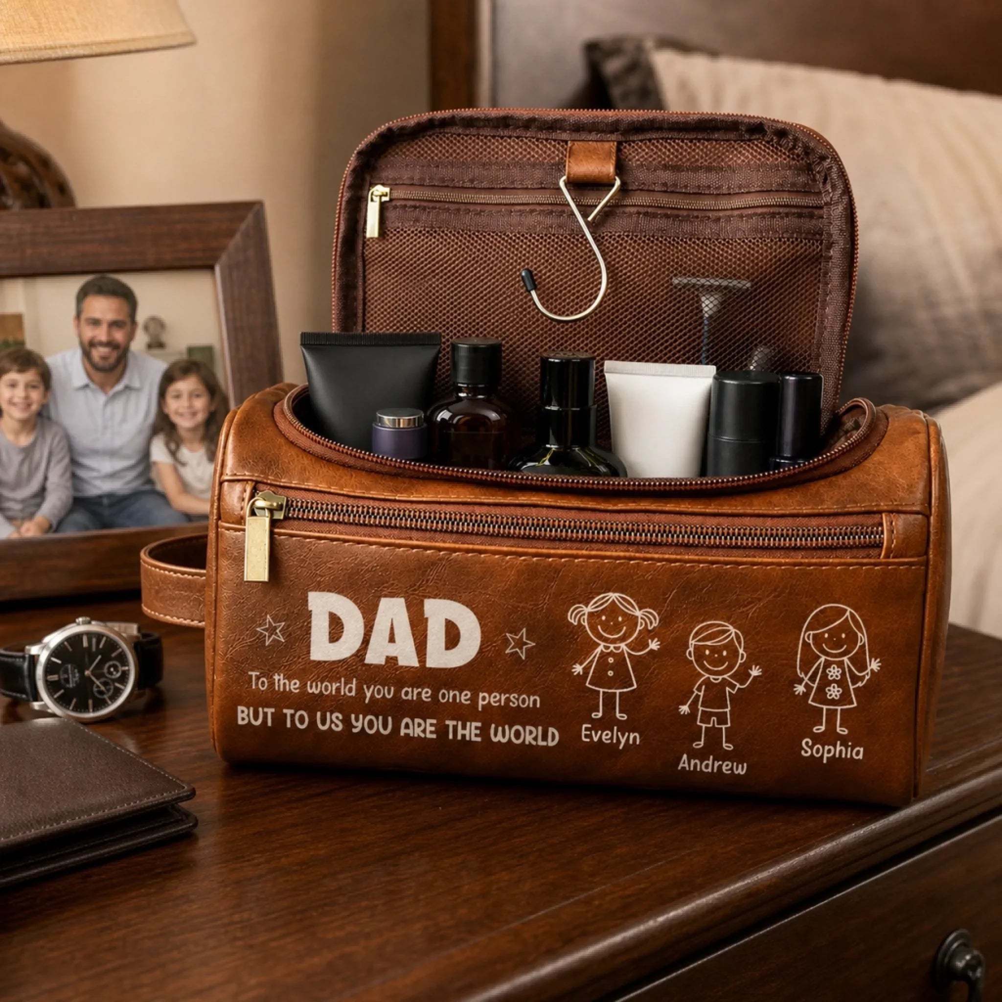Custom Leather Toiletry Bag - Personalized Father's Day Birthday Gifts For Dad, Grandpa - Forever Loved By Dad