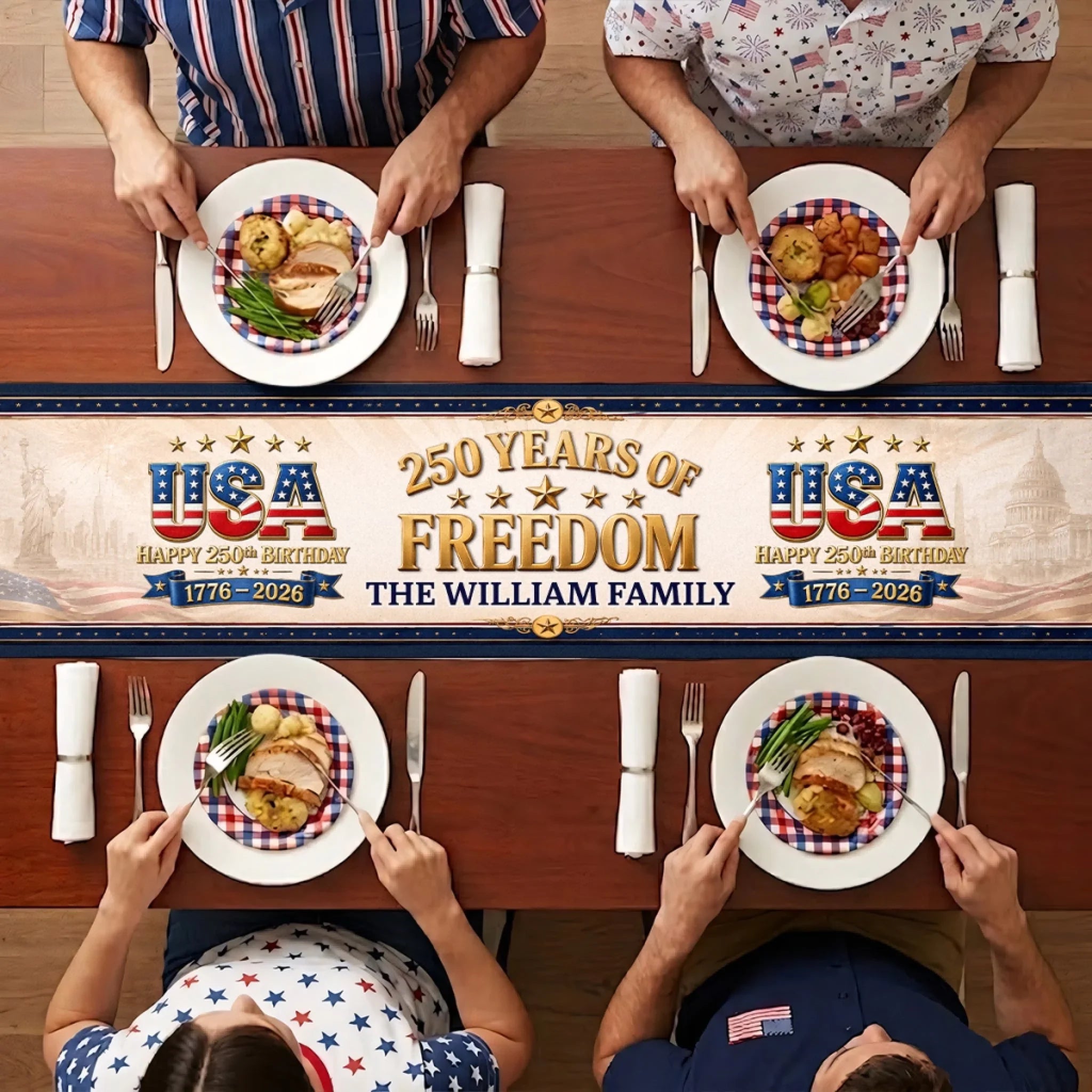 Custom Table Runner - Personalized America 250th Anniversary Gifts For Mom, Dad, Brother, Sister, Kids - Proud Hearts Rise High