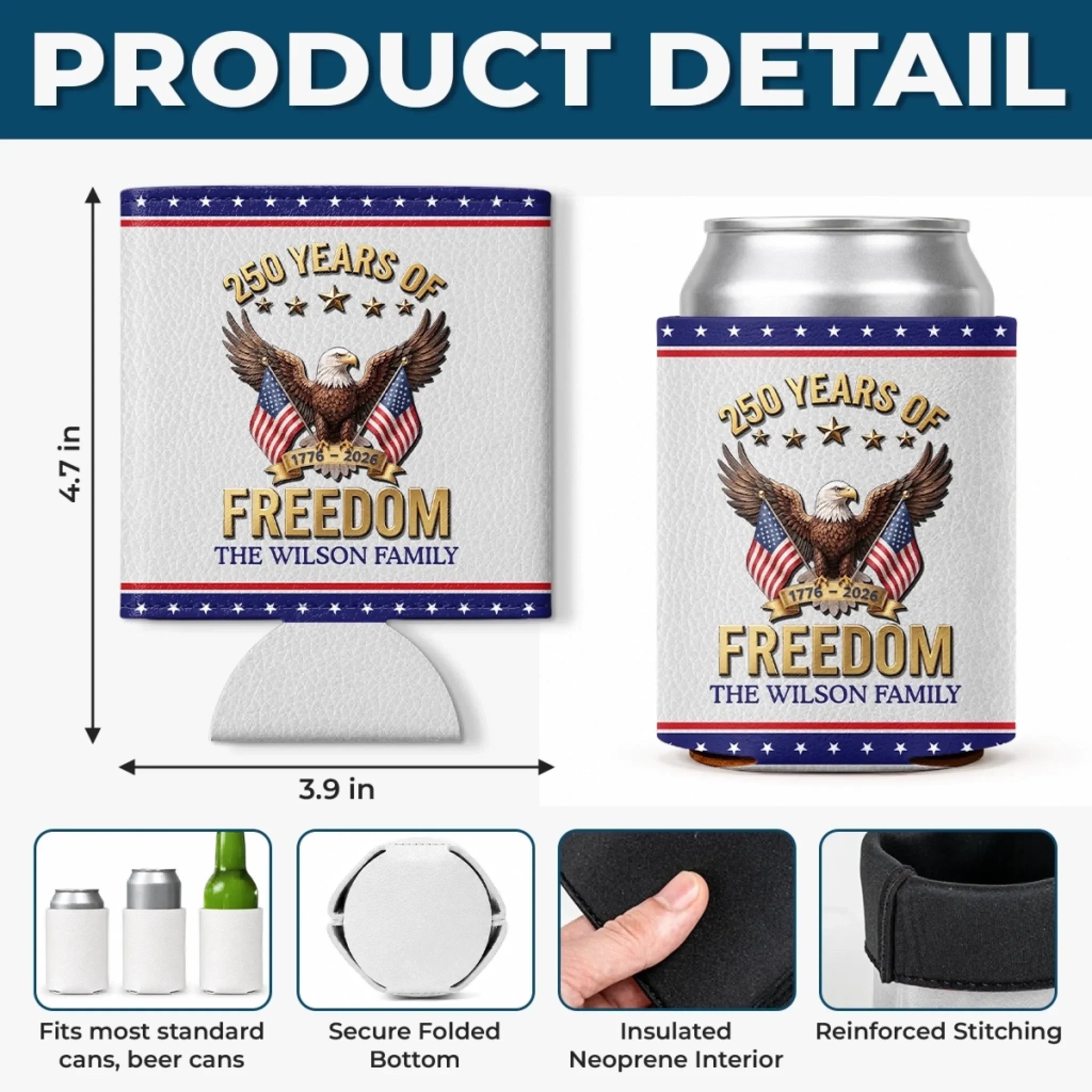 Custom Leather Can Cooler - Personalized America 250th Anniversary Gifts For Mom, Dad, Brother, Sister, Kids - Built On Liberty
