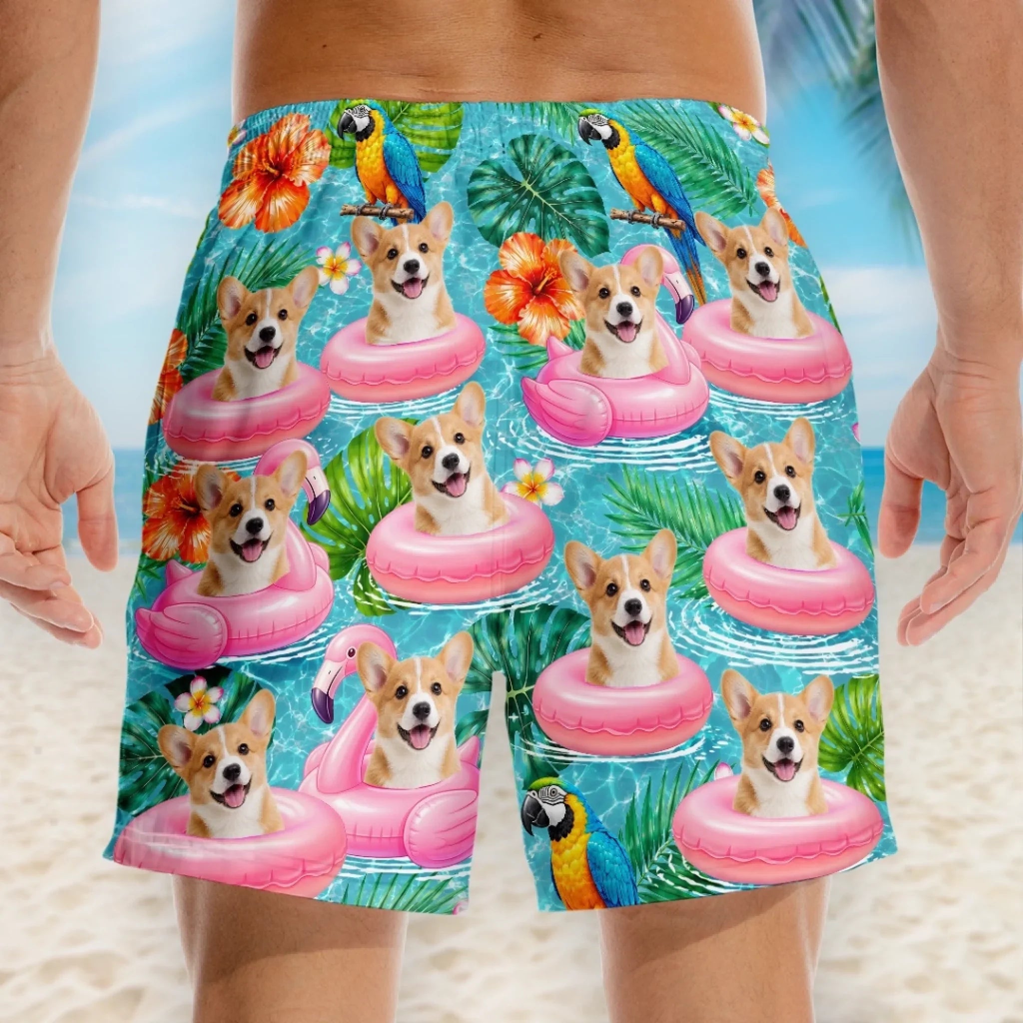 Custom Photo Tropical Hawaiian Aloha Men Beach Shorts - Personalized Summer Vacation And Travel Gifts For Dog Cat Lovers, Dog Dad And Mom, Cat Owners - Tropical Parrots, Furry Smiles