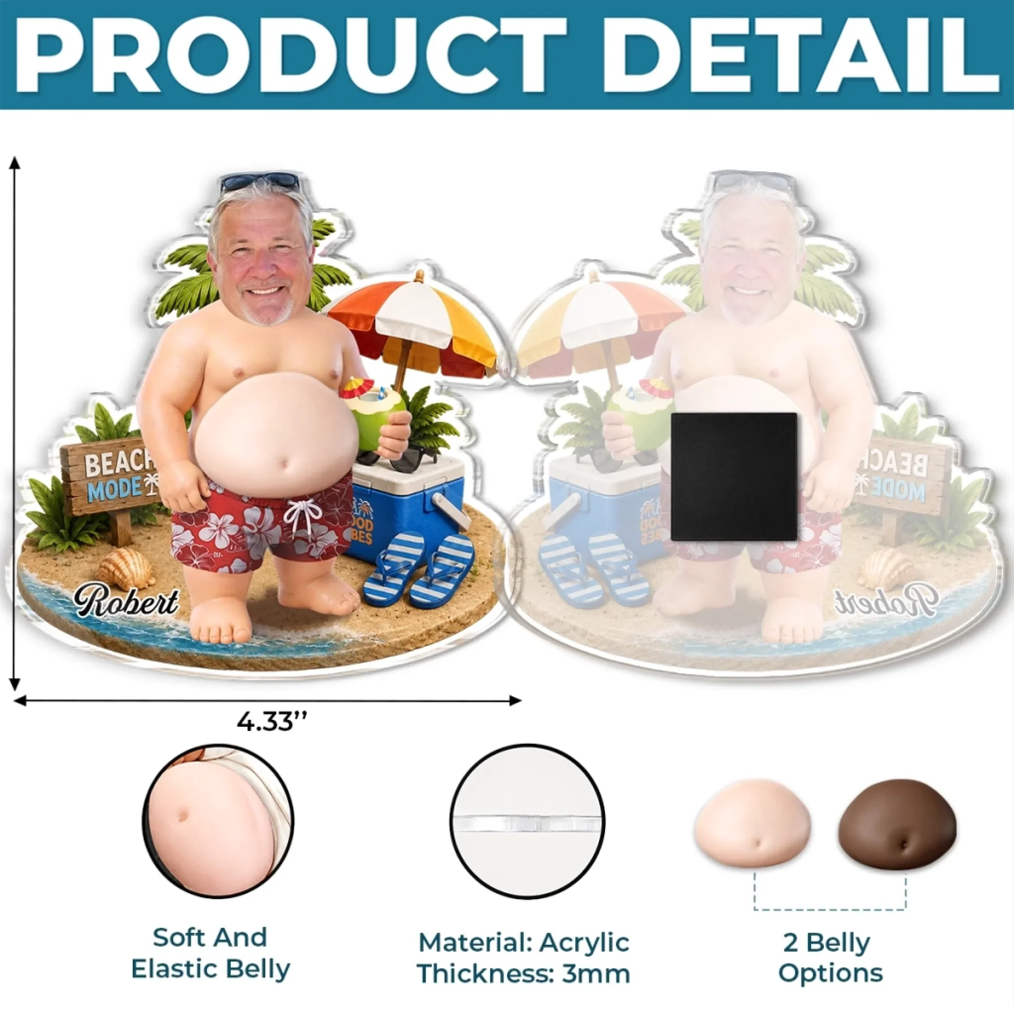 Custom Photo Dad Bod Belly Squishy Acrylic Fridge Magnet – Personalized Summer Vacation And Travel Gifts For Men, Dad, Grandpa – Too Hot To Mow Today