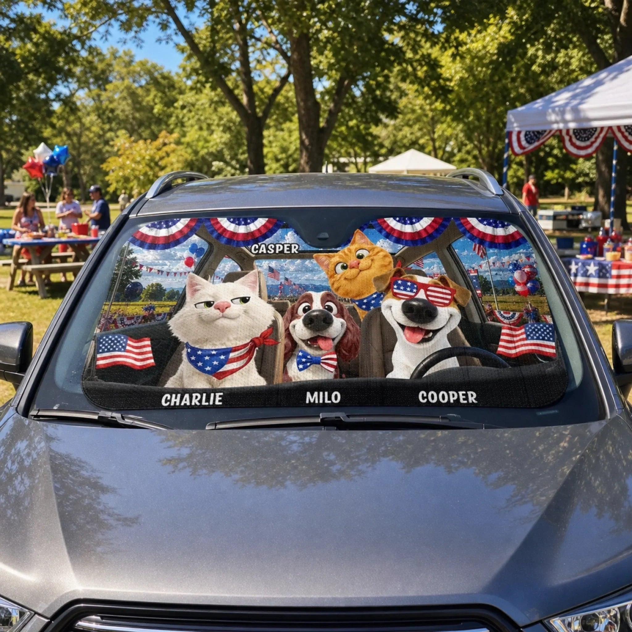 Custom Auto Windshield Sunshade, Car Window Protector - Personalized 4th Of July Gifts For Dog Cat Lovers, Dog Dad And Mom, Cat Owners - Stars, Stripes & Paw Prints