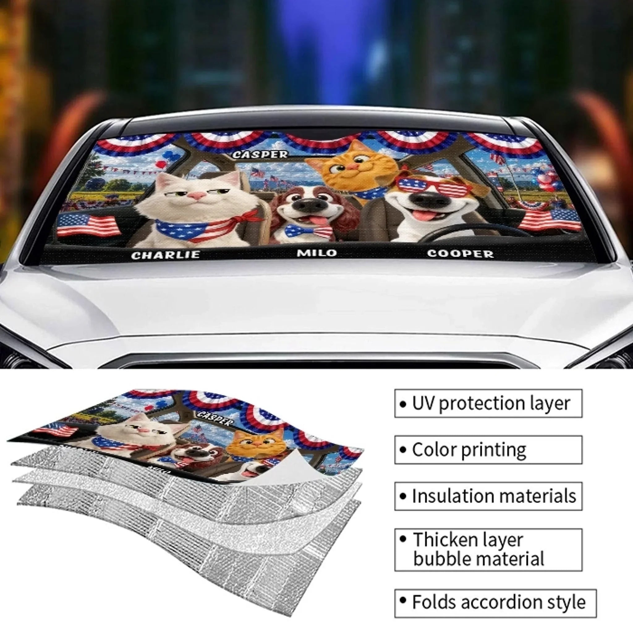 Custom Auto Windshield Sunshade, Car Window Protector - Personalized 4th Of July Gifts For Dog Cat Lovers, Dog Dad And Mom, Cat Owners - Stars, Stripes & Paw Prints