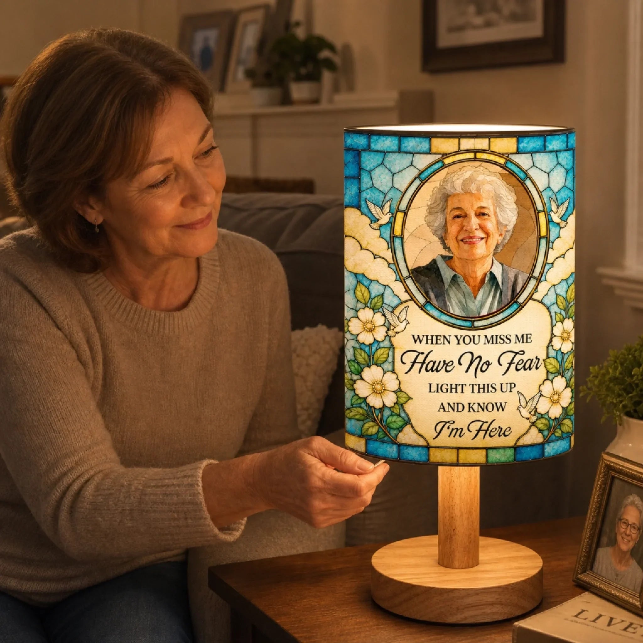 Custom Photo Linen Bedside Table Lamp - Personalized Memorial Sympathy Gifts For Loss Of Mom, Dad - Remembered With Love Always
