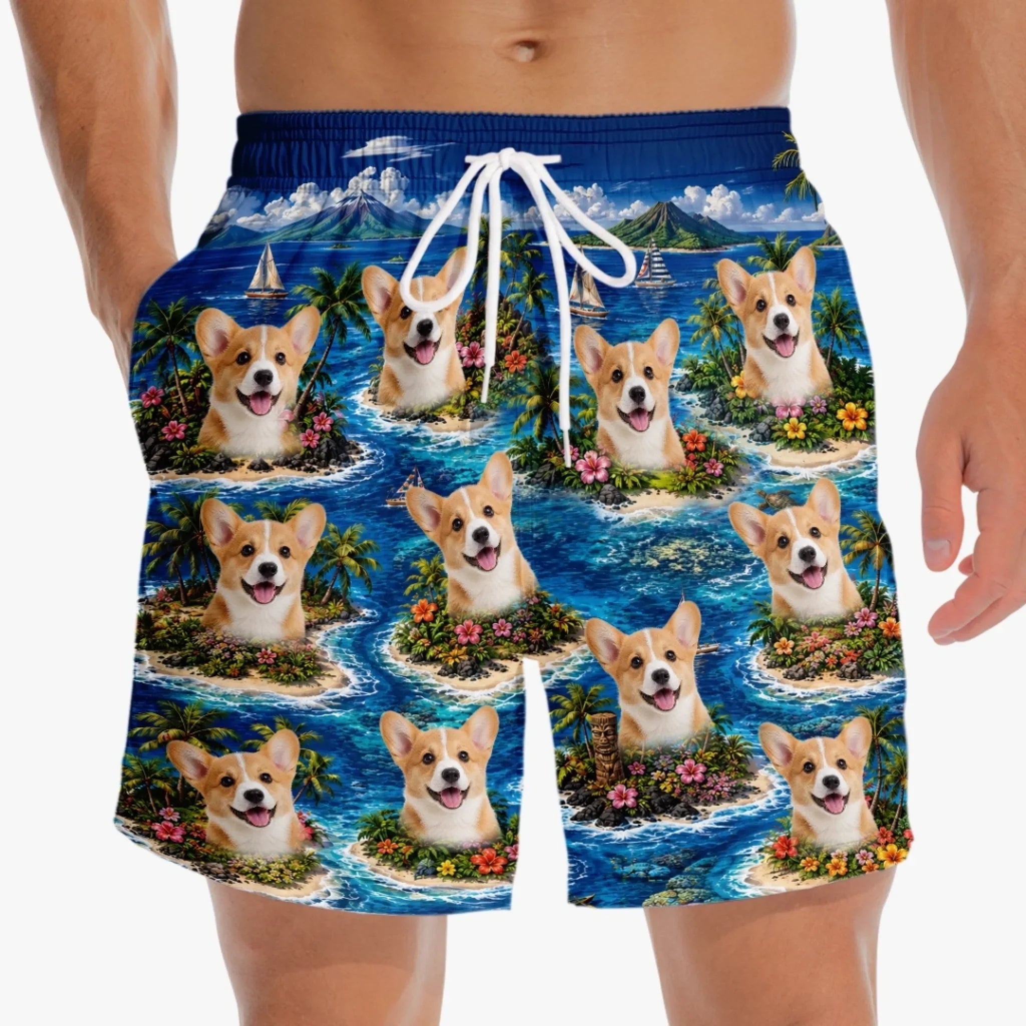 Custom Photo Tropical Hawaiian Aloha Men Beach Shorts - Personalized Summer Vacation And Travel Gifts For Dog Cat Lovers, Dog Dad And Mom, Cat Owners - Paws Sunshine And Smiles