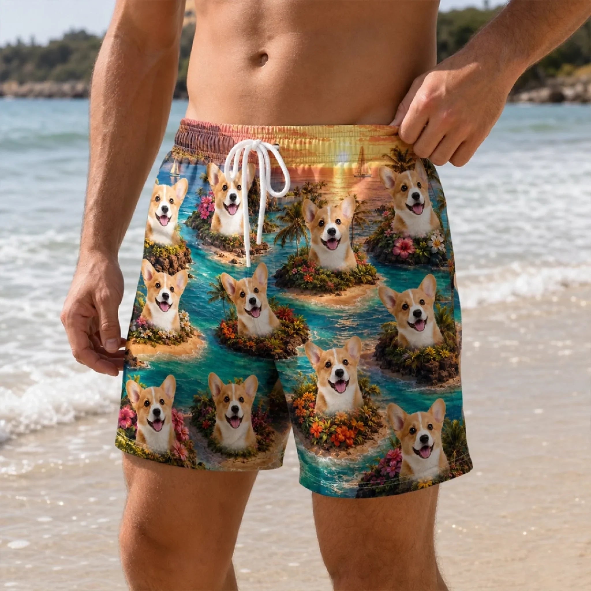 Custom Photo Tropical Hawaiian Aloha Men Beach Shorts - Personalized Summer Vacation And Travel Gifts For Dog Cat Lovers, Dog Dad And Mom, Cat Owners - Paws Sunshine And Smiles