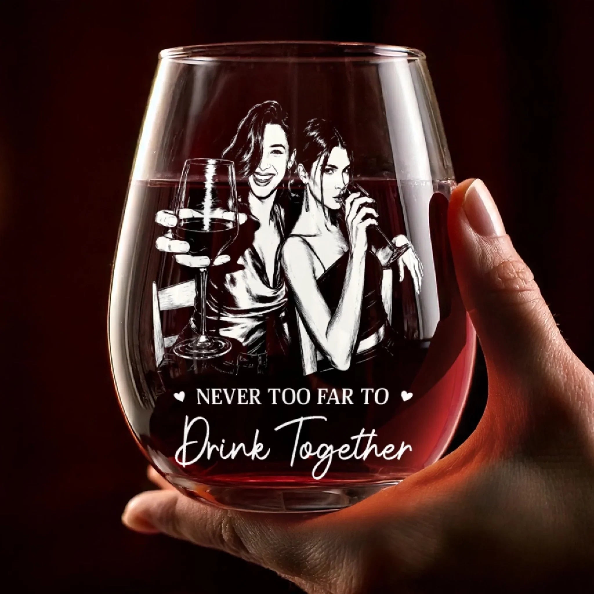 Custom Photo Wine Glass - Personalized Best Friend Birthday Gifts For Women, Besties, Sisters, BFF - Never Too Far To Drink Together