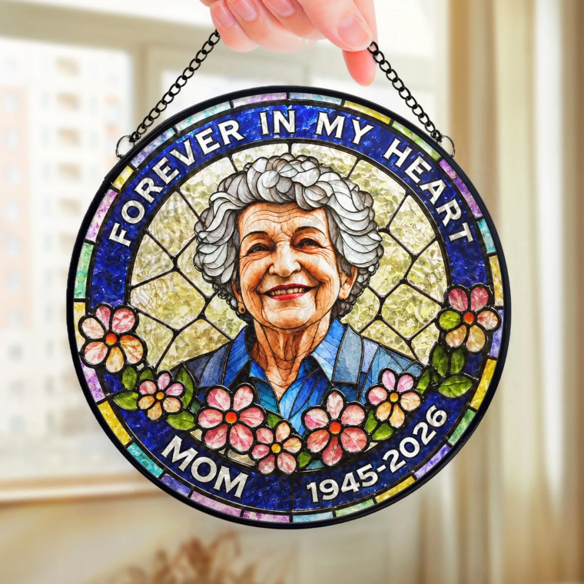 Custom Photo Stained Glass Window Hanging Suncatcher - Personalized Memorial Sympathy Gifts For Loss Of Mom, Dad - Always With Us In Spirit