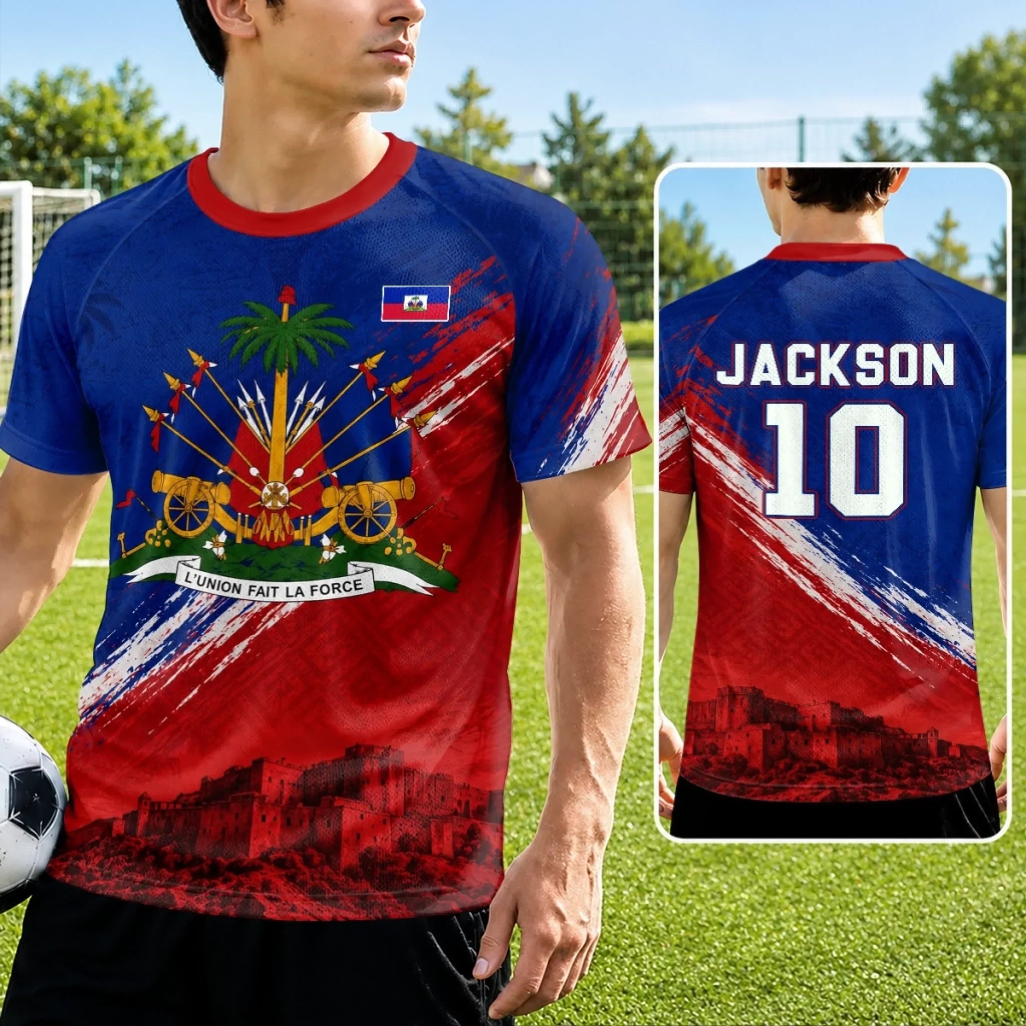 Custom Men's Haiti World Football Jersey Shirt - Personalized Birthday Gifts For Football Lovers, Sports Fans, Sports Lovers - Chasing Goals, Repping My Roots