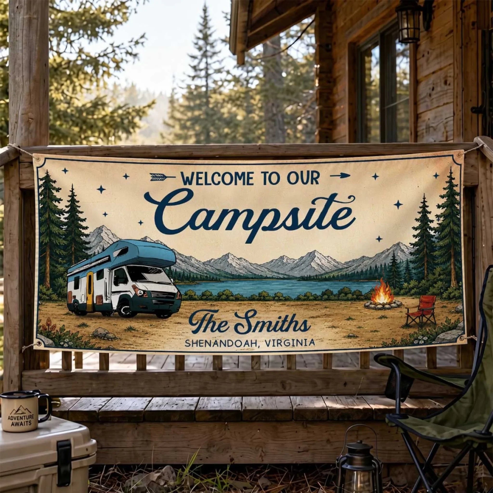 Custom Outdoor Banner - Personalized Summer Vacation And Travel Camping Gifts For Campers, Mom, Dad, Brother, Sister, Kids - Adventure Found Here