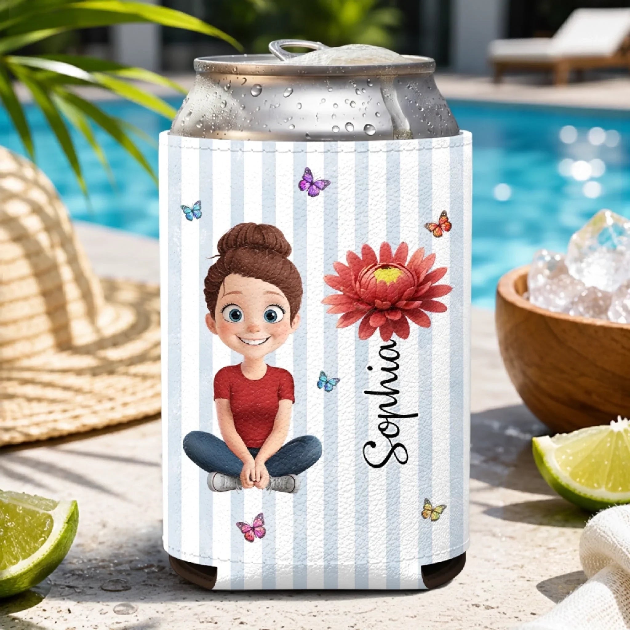 Custom Leather Can Cooler - Personalized Summer Vacation And Travel Gifts For Women, Besties, Sisters, BFF - Chilled Sips, Sunny Spring Lips