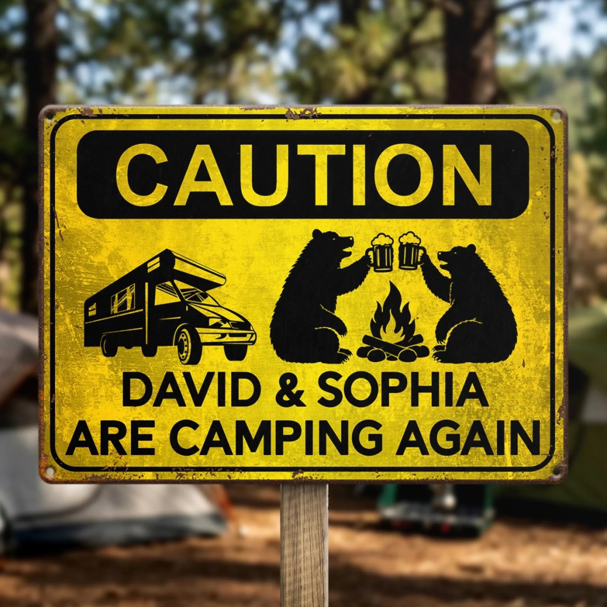 Custom Home Decor Metal Sign - Personalized Birthday Camping Gifts For Campers - Caution Happy Camper Ahead