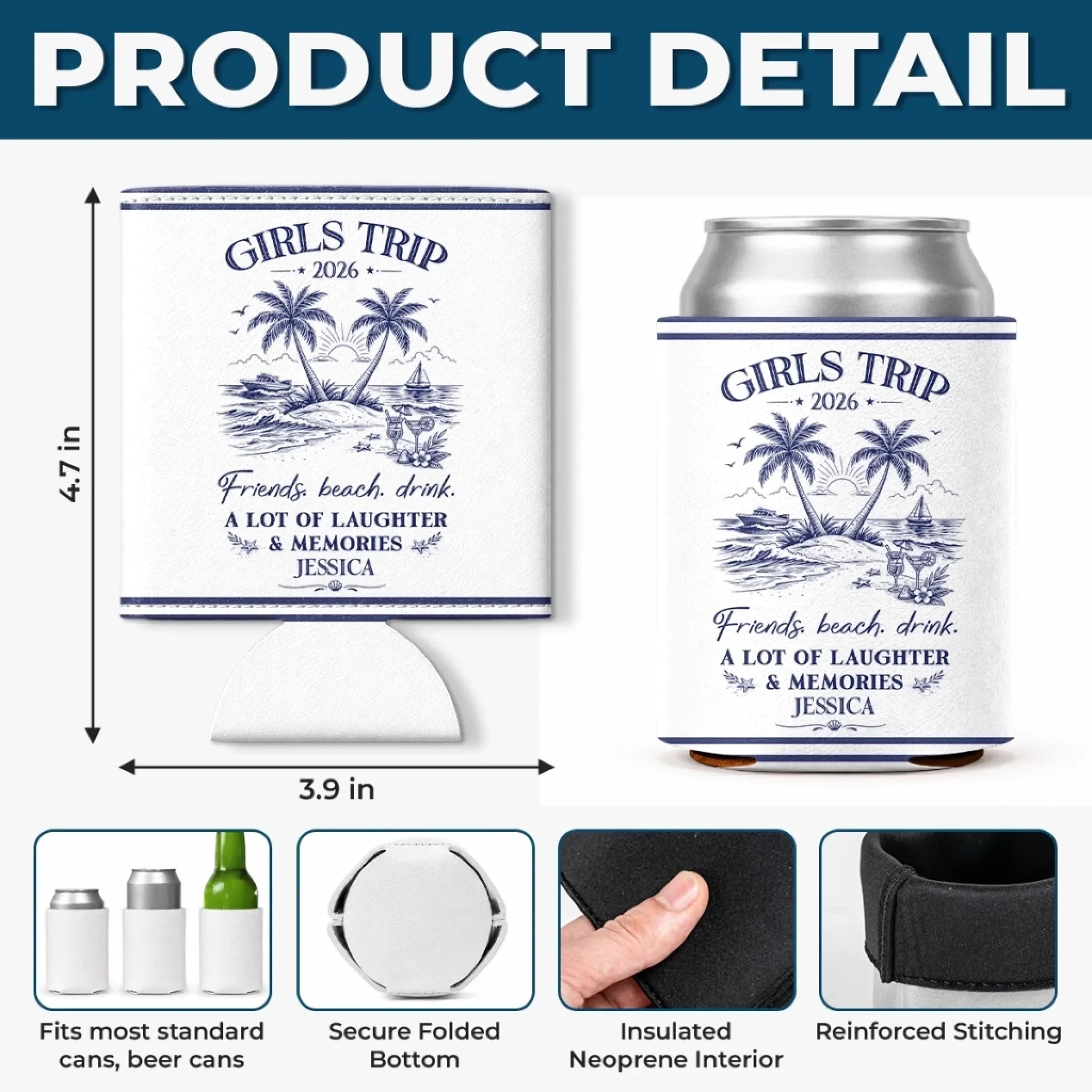 Custom Leather Can Cooler - Personalized Summer Vacation And Travel Gifts For Best Friends, Family - Making Memories Under The Palm Trees
