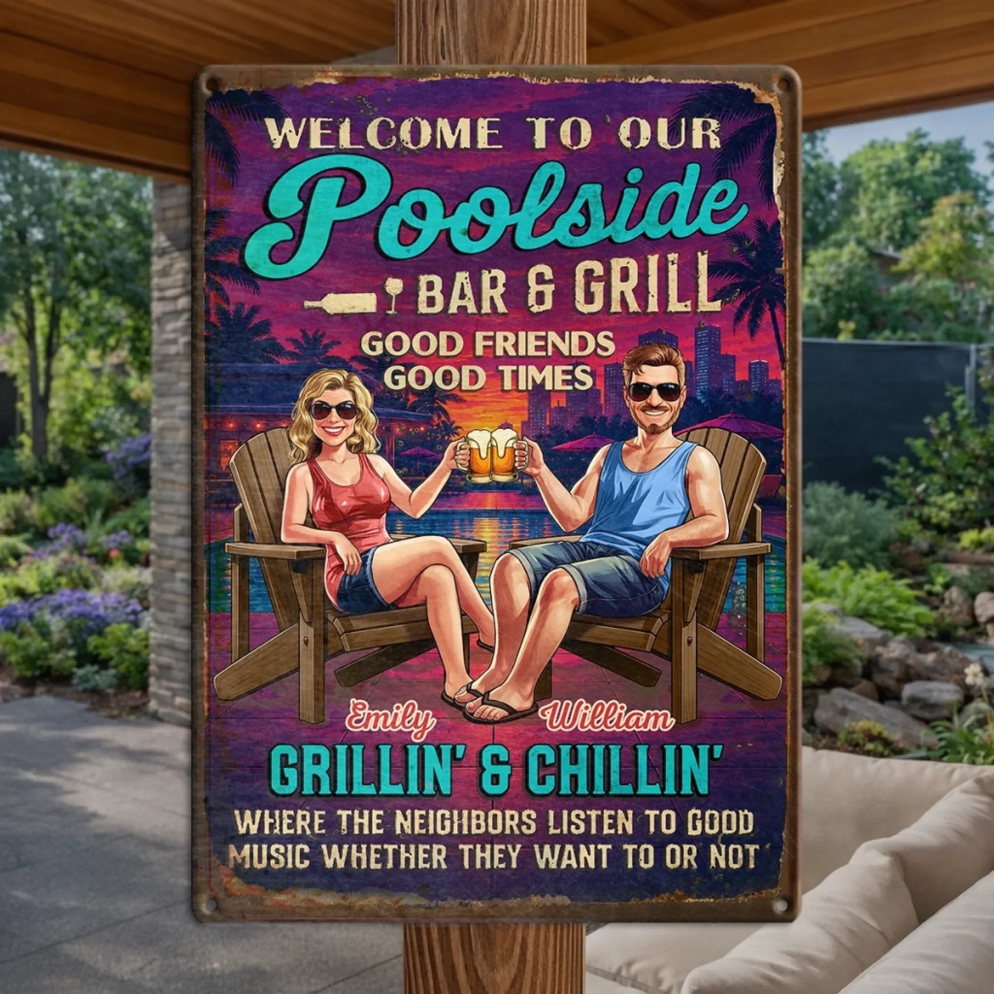 Custom Home Decor Poolside Metal Sign - Personalized Summer Vacation And Travel Gifts For Husband And Wife, Him And Her - Naval Home Sweet Home