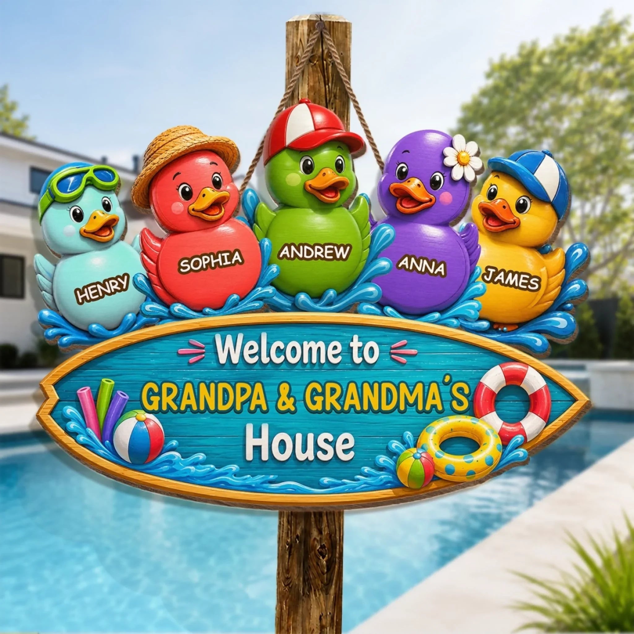 Custom Poolside Wood Sign - Personalized Summer Vacation And Travel Gifts For Grandma, Grandpa - Grandkids Welcome Here