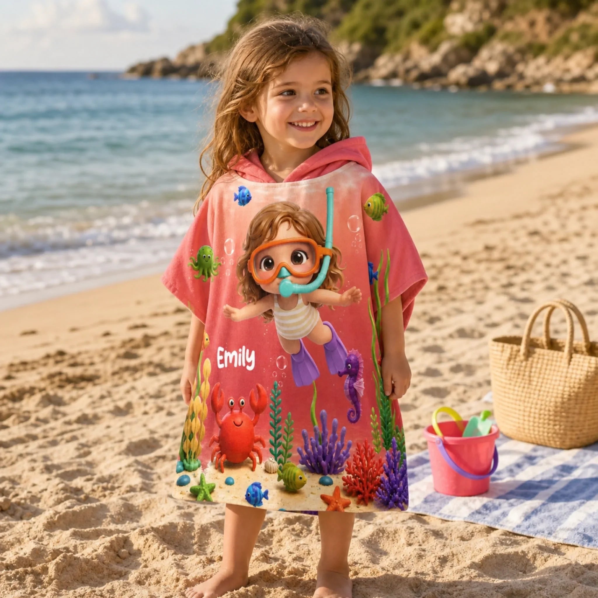 Custom Photo Poncho Beach Towel - Personalized Summer Vacation And Travel Gifts For Women, Men, Kids - Little Ocean Explorer