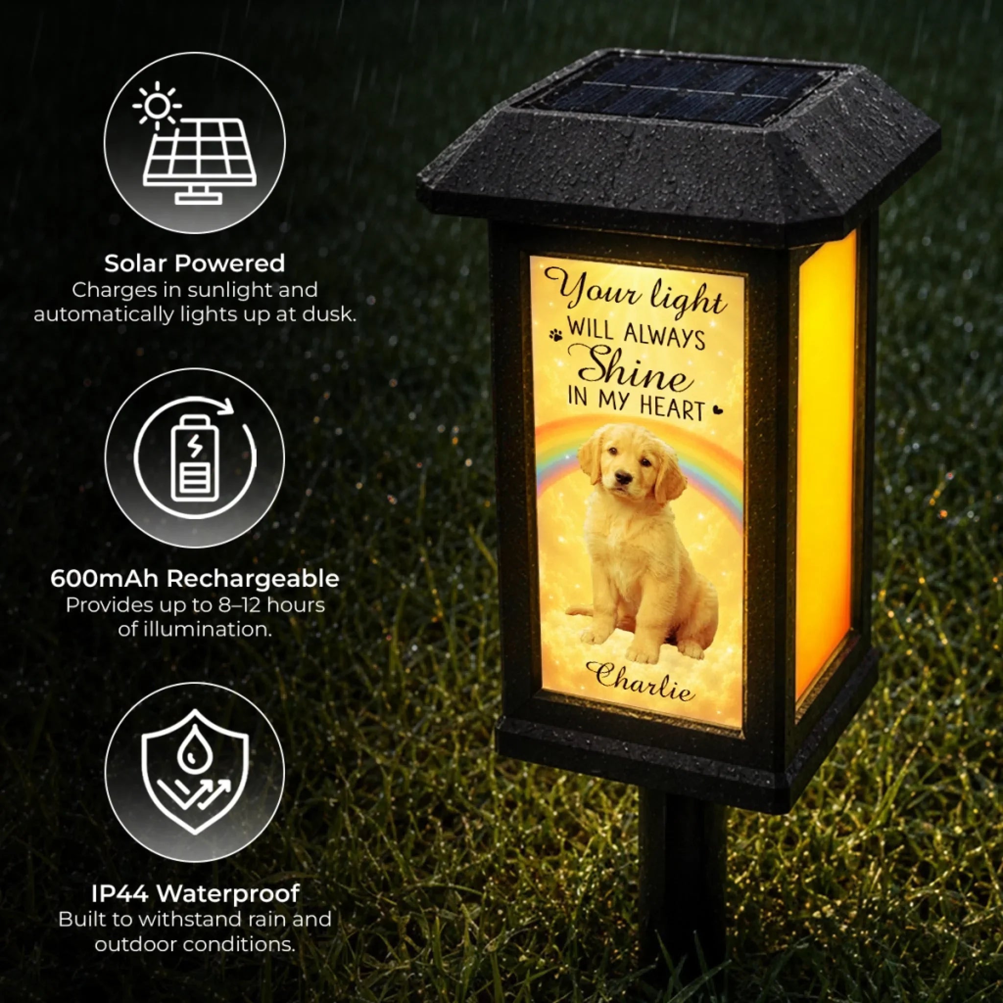 Custom Photo Solar Garden Light - Personalized Pet Memorial Sympathy Gifts For Dogs, Cats - Always Chasing Rainbows