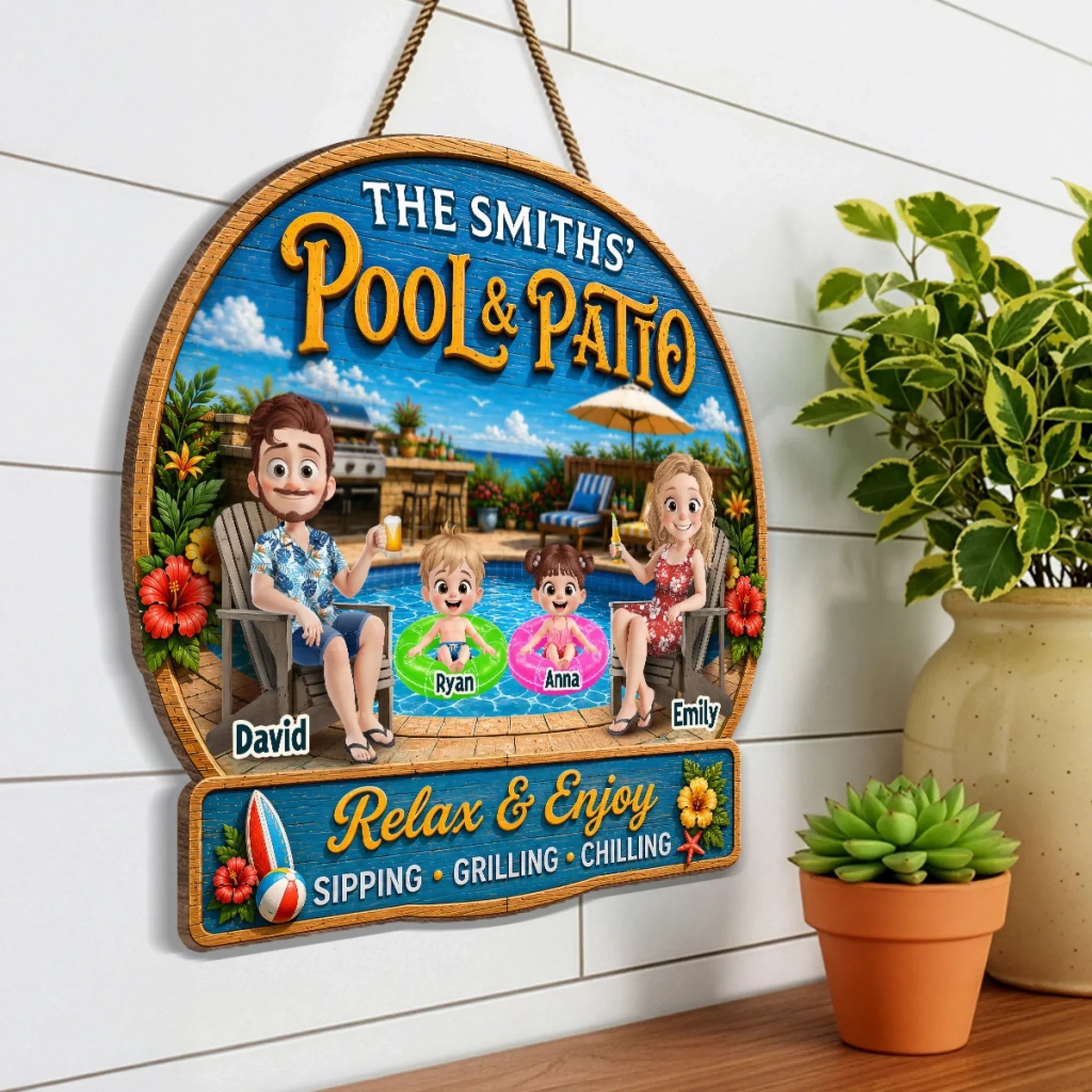 Custom Poolside Wood Sign - Personalized Summer Vacation And Travel Gifts For Mom, Dad, Kids - Pool Time Together