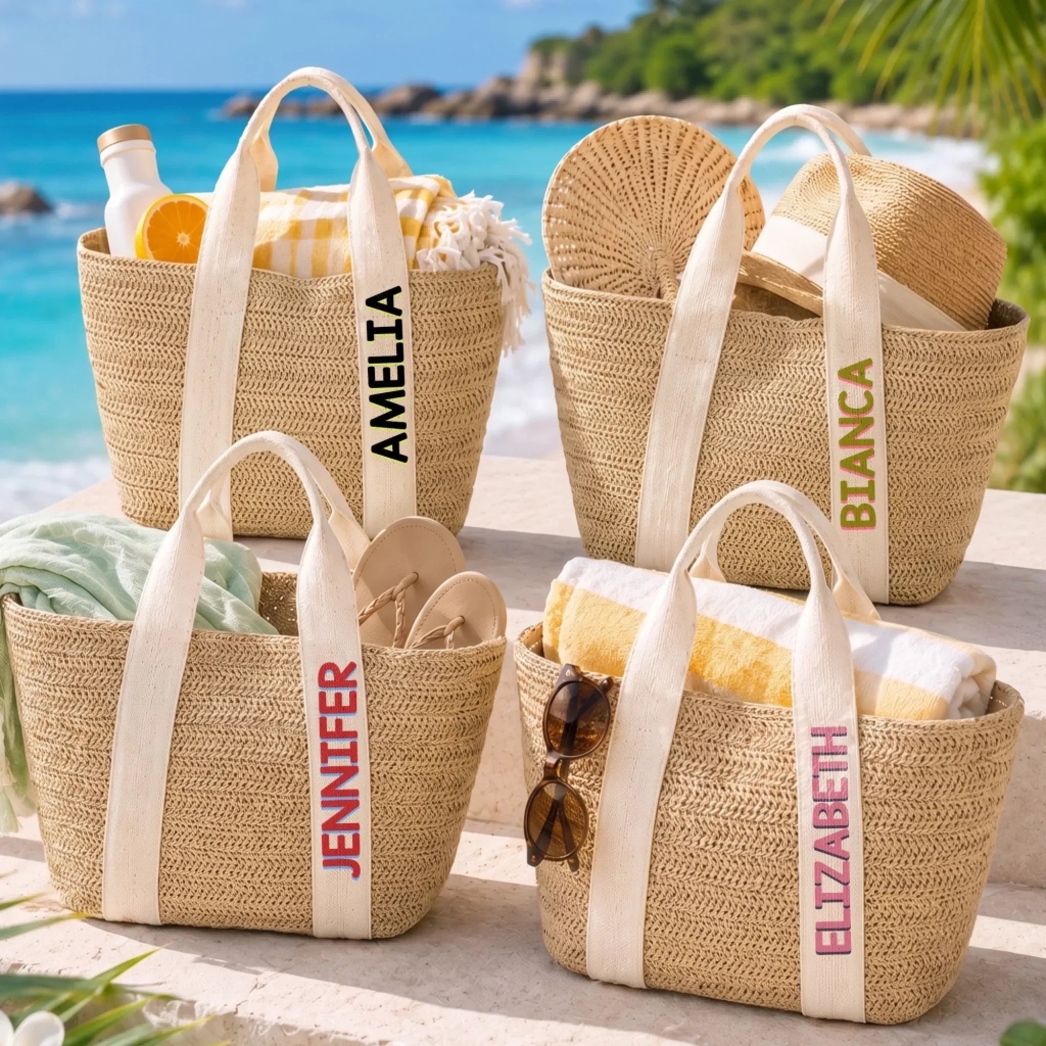 Custom Straw Bag - Personalized Summer Vacation And Travel Gifts For Women, Besties, Sisters, BFF - Hello Summer Vibes