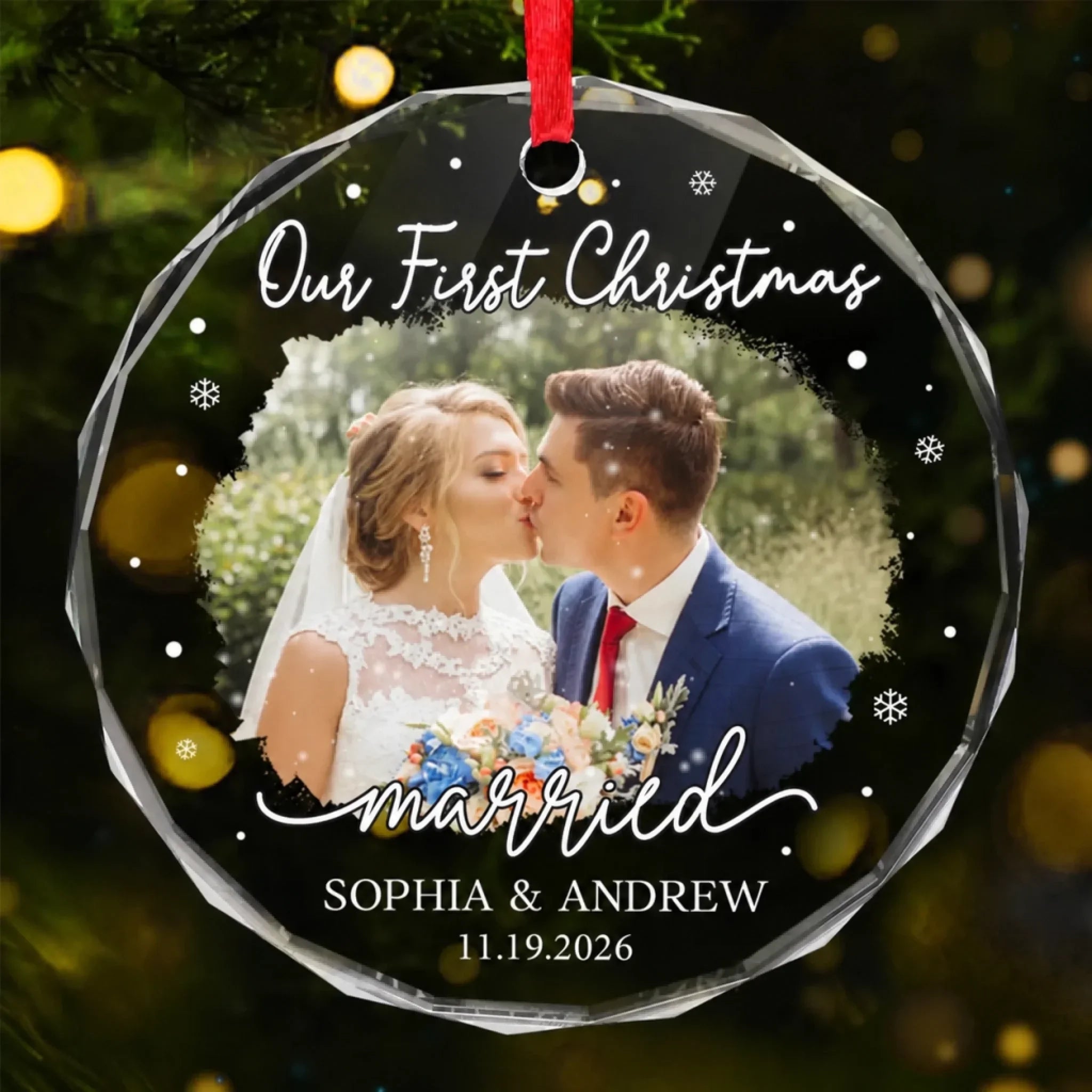 Custom Photo Our First Christmas As Mr & Mrs - Couple Personalized Custom Circle Glass Ornament - Christmas Gift For Husband Wife, Anniversary, First Christmas
