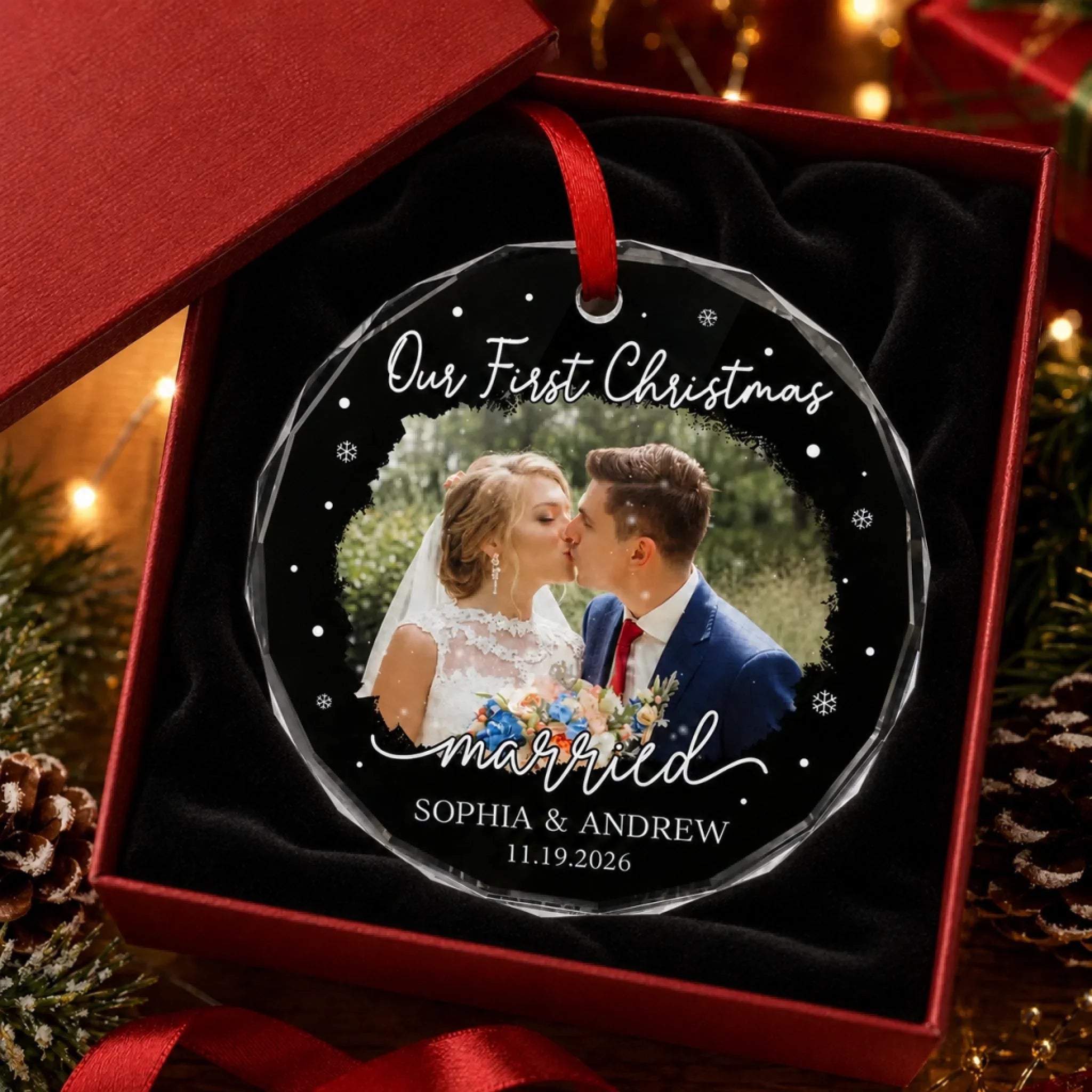 Custom Photo Our First Christmas As Mr & Mrs - Couple Personalized Custom Circle Glass Ornament - Christmas Gift For Husband Wife, Anniversary, First Christmas