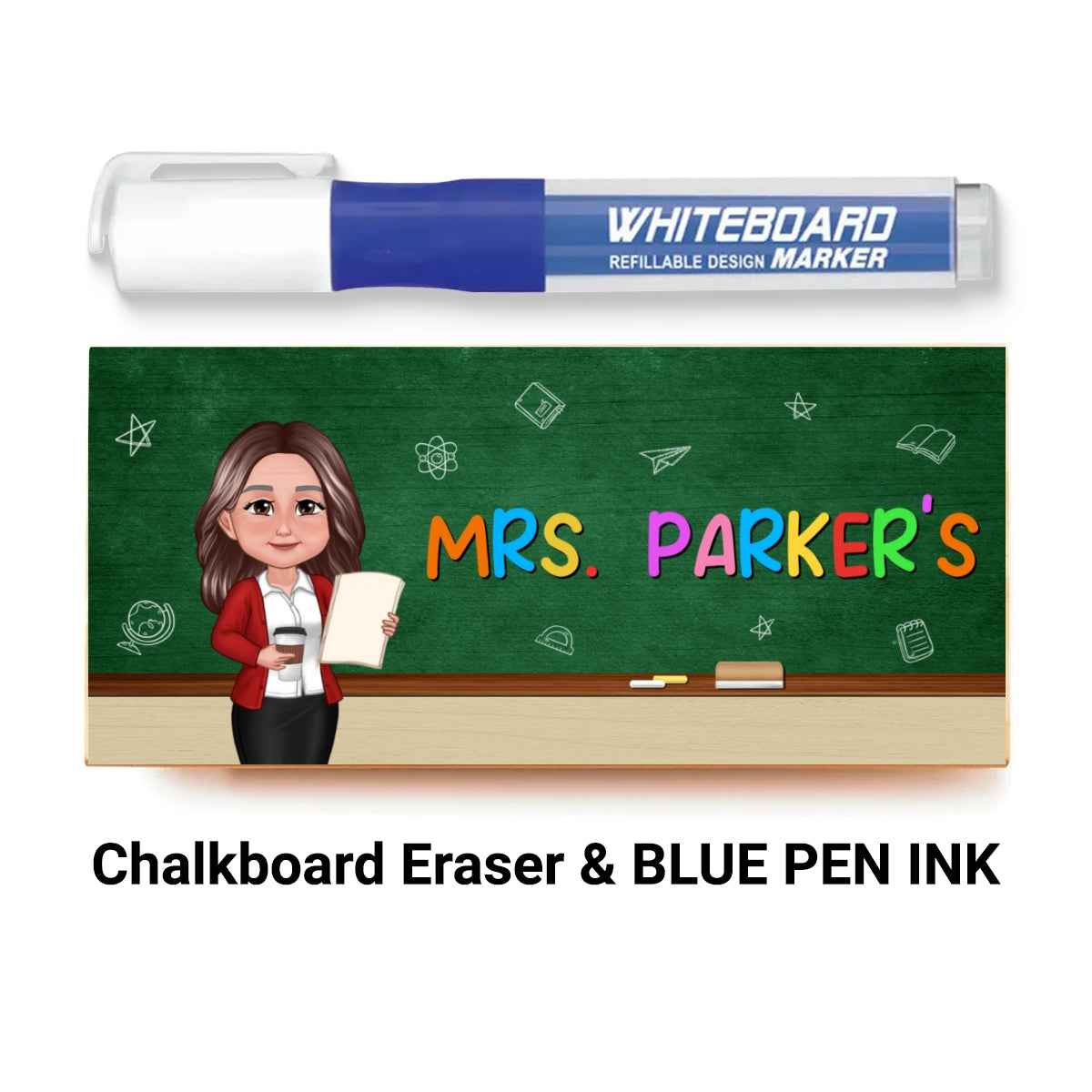 Doll Teacher Green Board Personalized Chalkboard/Whiteboard Eraser with Marker, Teacher Appreciation Gift, Back To School Gift