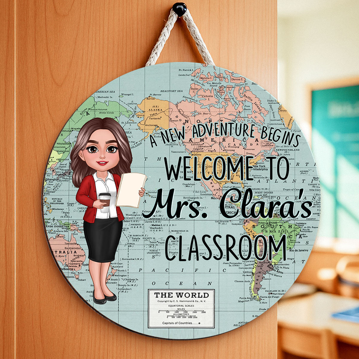 World Map Adventure Themed Welcome To Classroom Personalized Round Door Hanger, Back To School, Classroom Decor