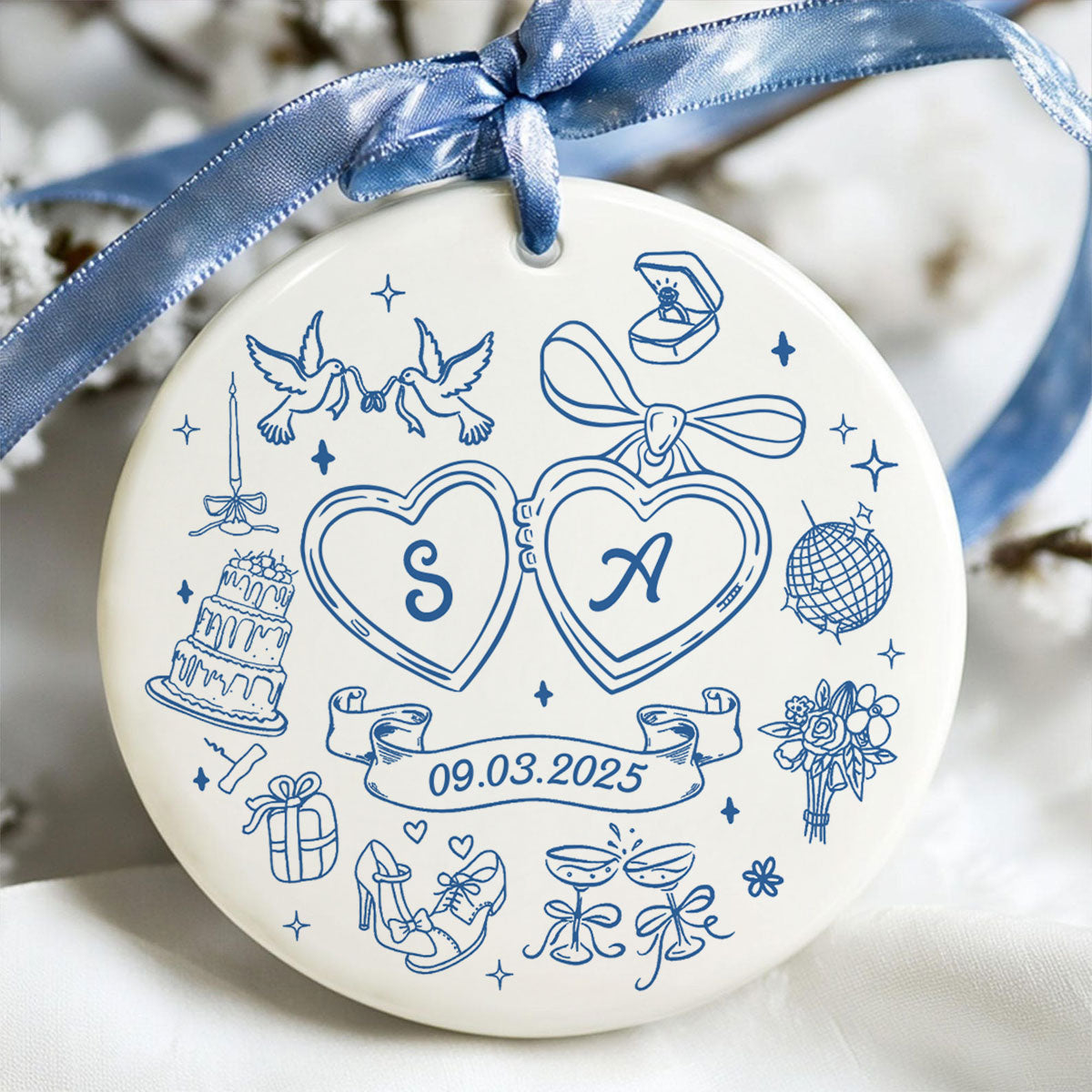 Couple Initials Locket Coquette Doodle Personalized Ceramic Ornament, First Christmas Gift, Married, Engagement Gift for Couples