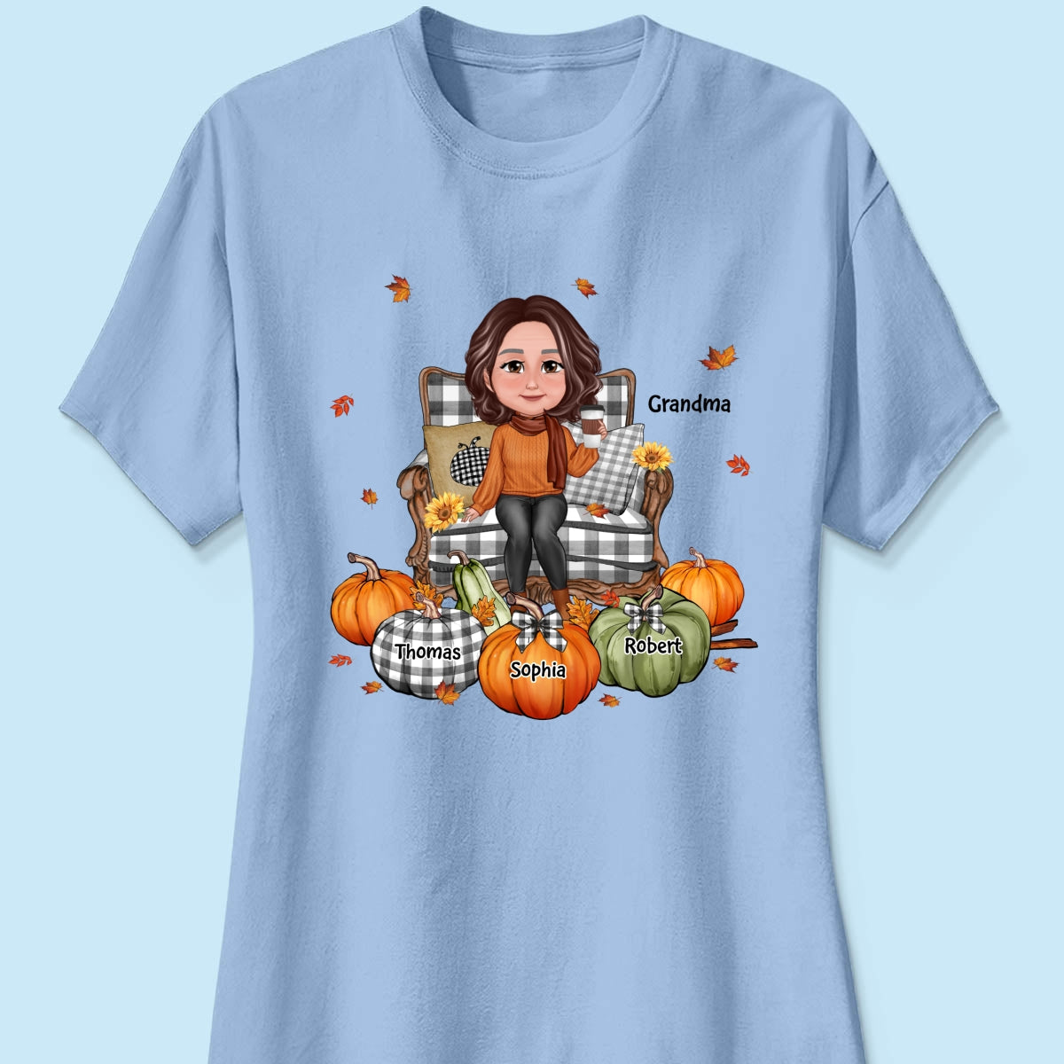 Grandma Sitting On Chair Pumpkins - Personalized Shirt - Gift For Grandma