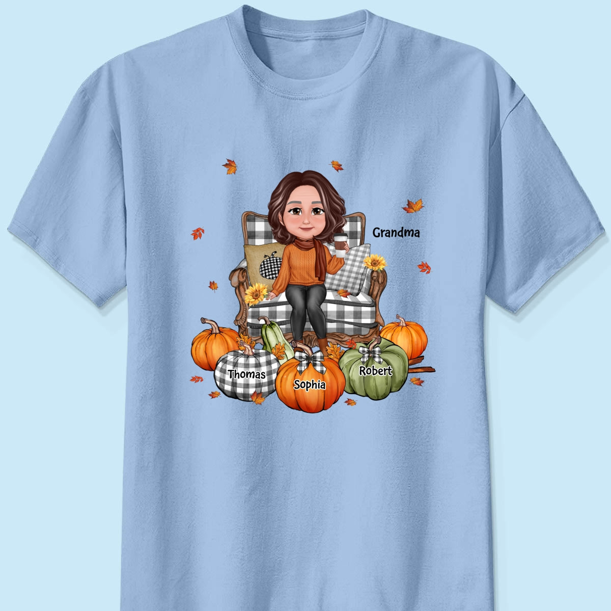 Grandma Sitting On Chair Pumpkins - Personalized Shirt - Gift For Grandma