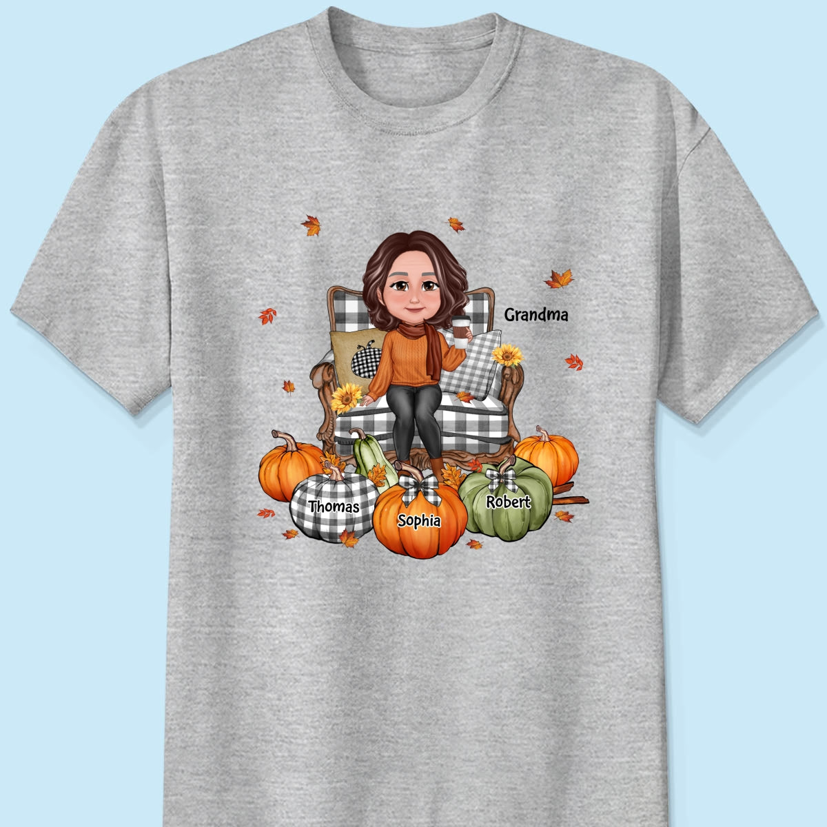 Grandma Sitting On Chair Pumpkins - Personalized Shirt - Gift For Grandma
