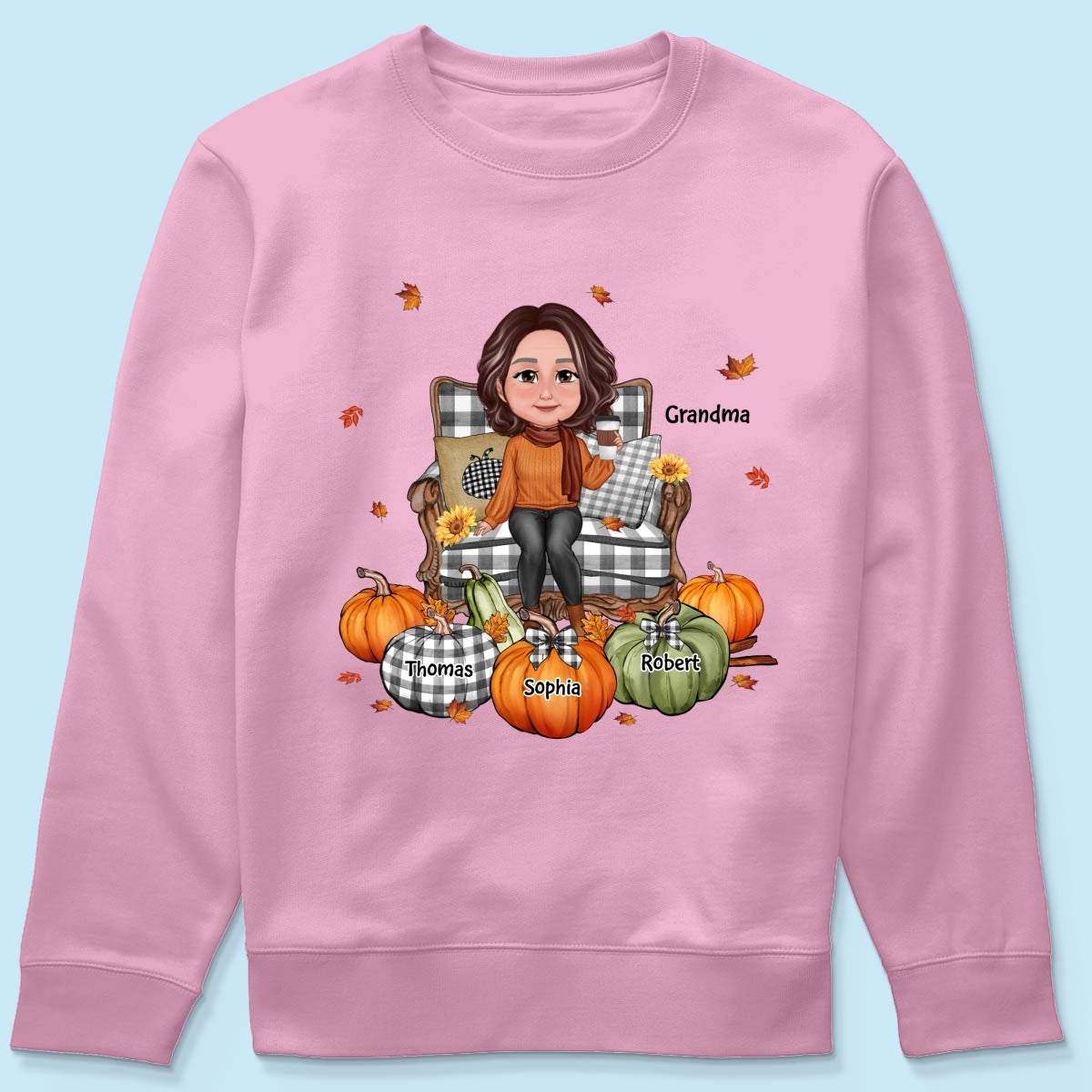 Grandma Sitting On Chair Pumpkins - Personalized Shirt - Gift For Grandma