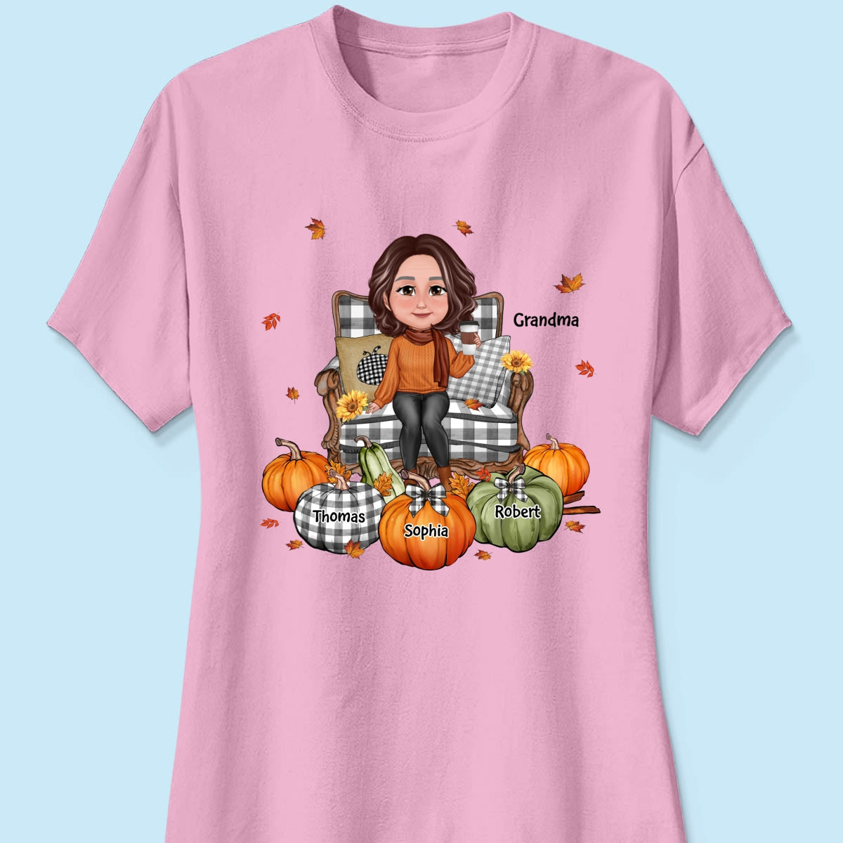 Grandma Sitting On Chair Pumpkins - Personalized Shirt - Gift For Grandma