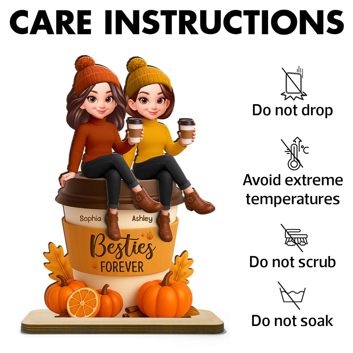 Fall Season Besties Sitting On Pumpkin Spice Latte - Personalized 2-Layered Wooden Plaque