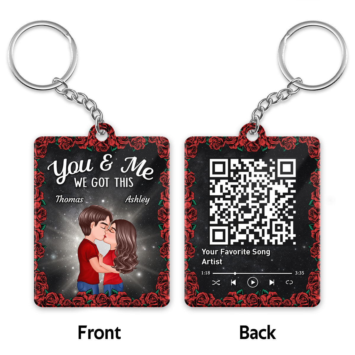 Roses Doll Couple Kissing Favorite Song Scannable QR Code Personalized Acrylic Keychain