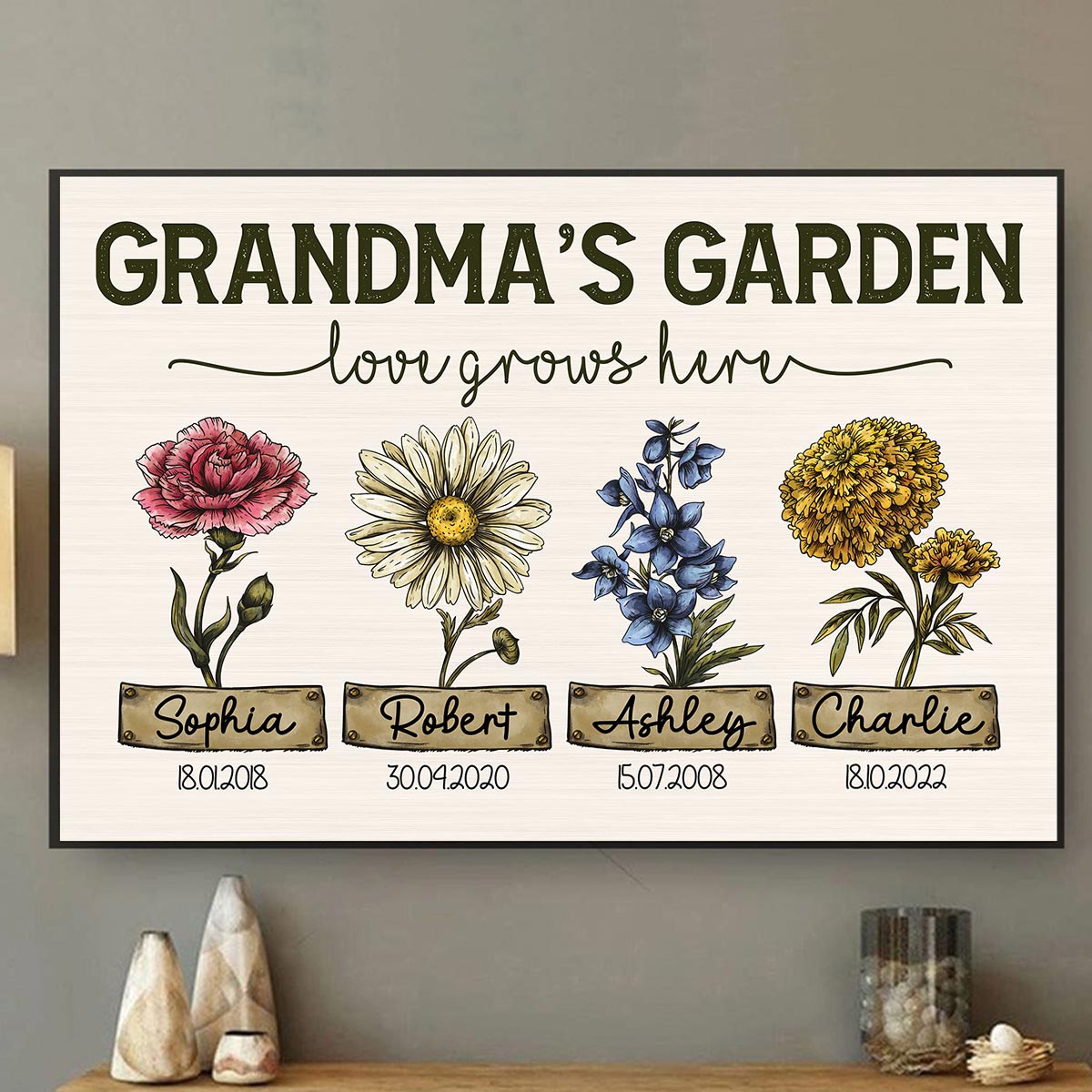 Grandma‘s Garden Love Grows Here Vintage Birth Month Flower Personalized Poster