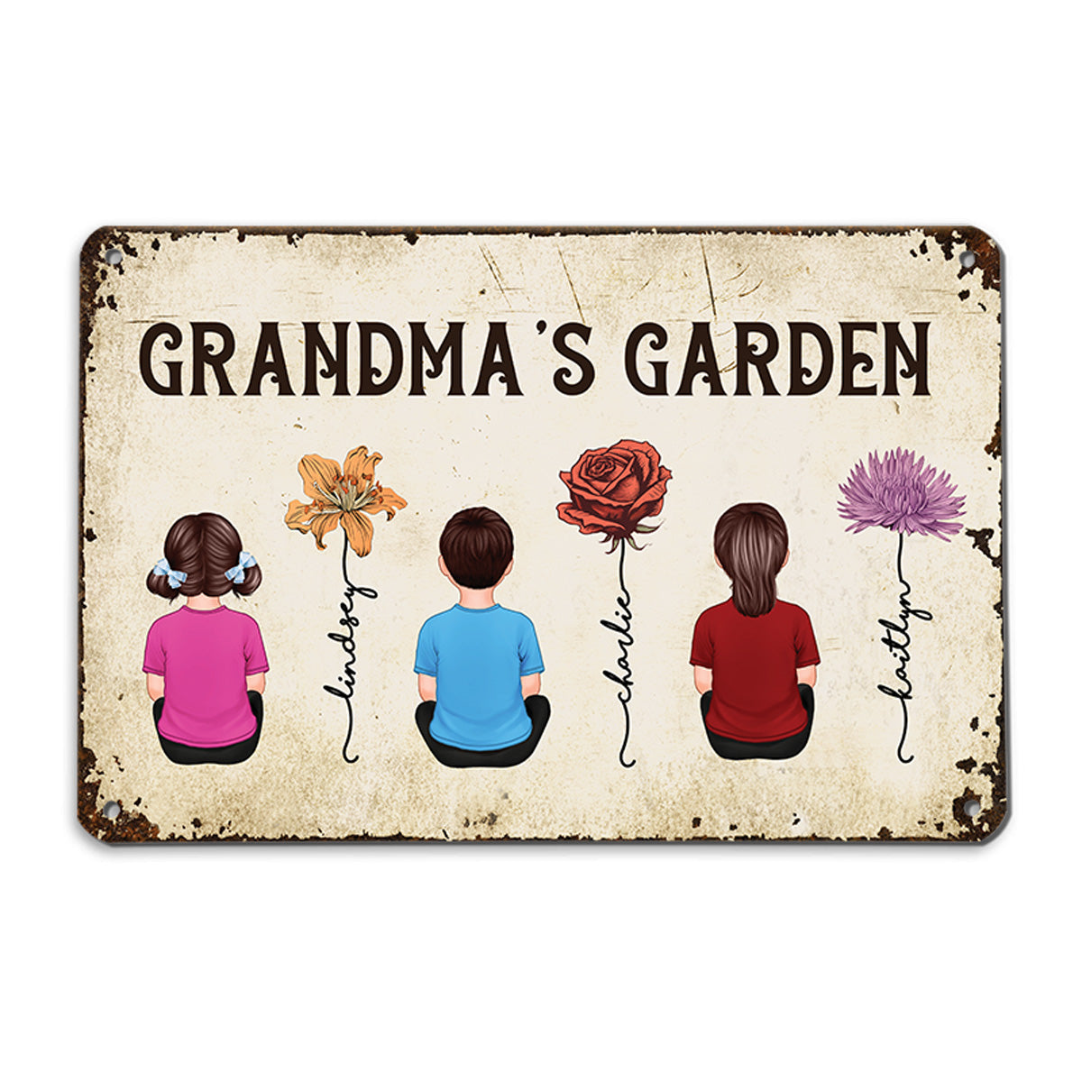Grandkids Sitting Grandma Garden Vintage Birth Month Flowers Personalized Metal Sign