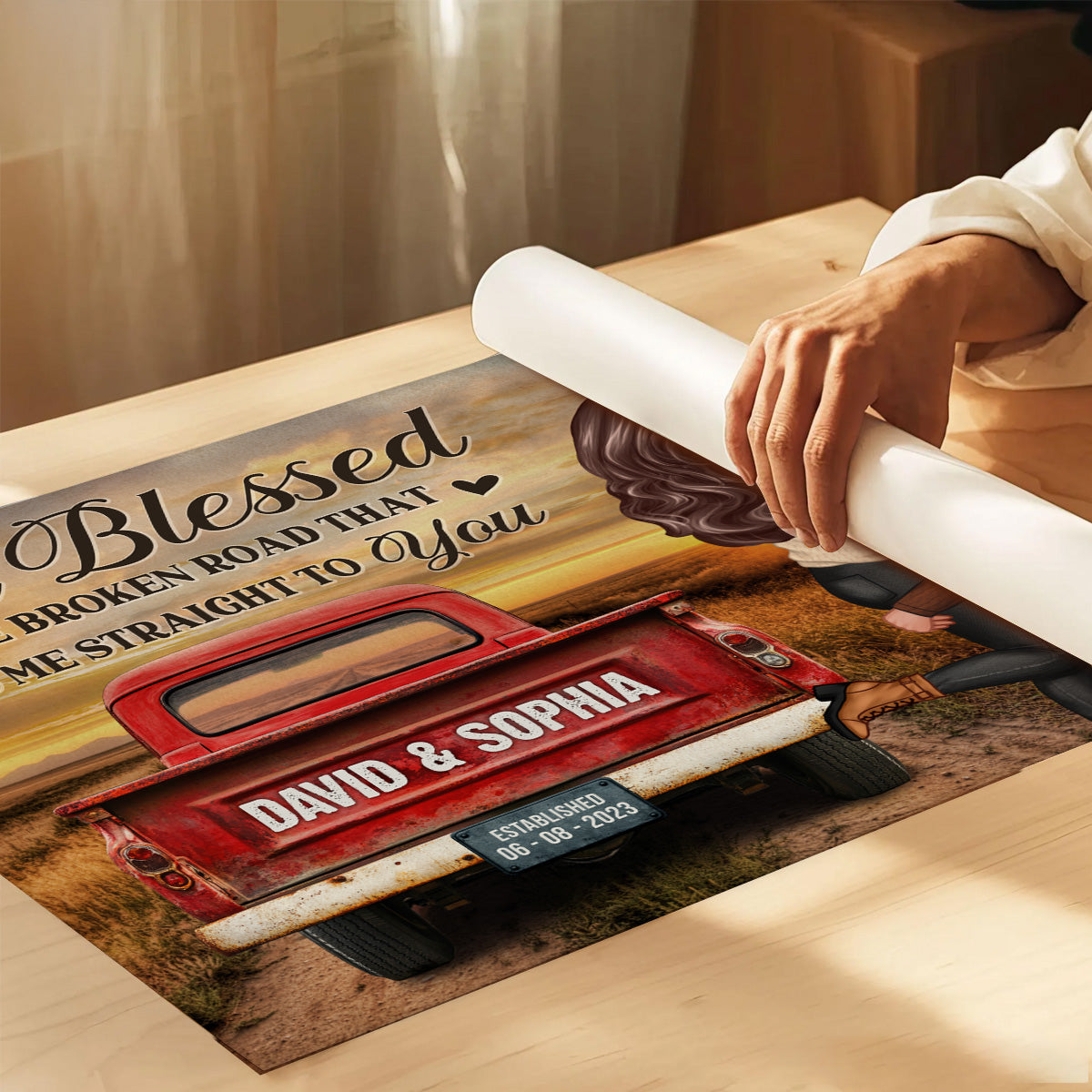 Rustic Nostalgia Red Truck Couple Hugging Kissing - Personalized Poster - Heartfelt Valentine, Anniversary Gift For Him, For Her, Farmhouse Decor